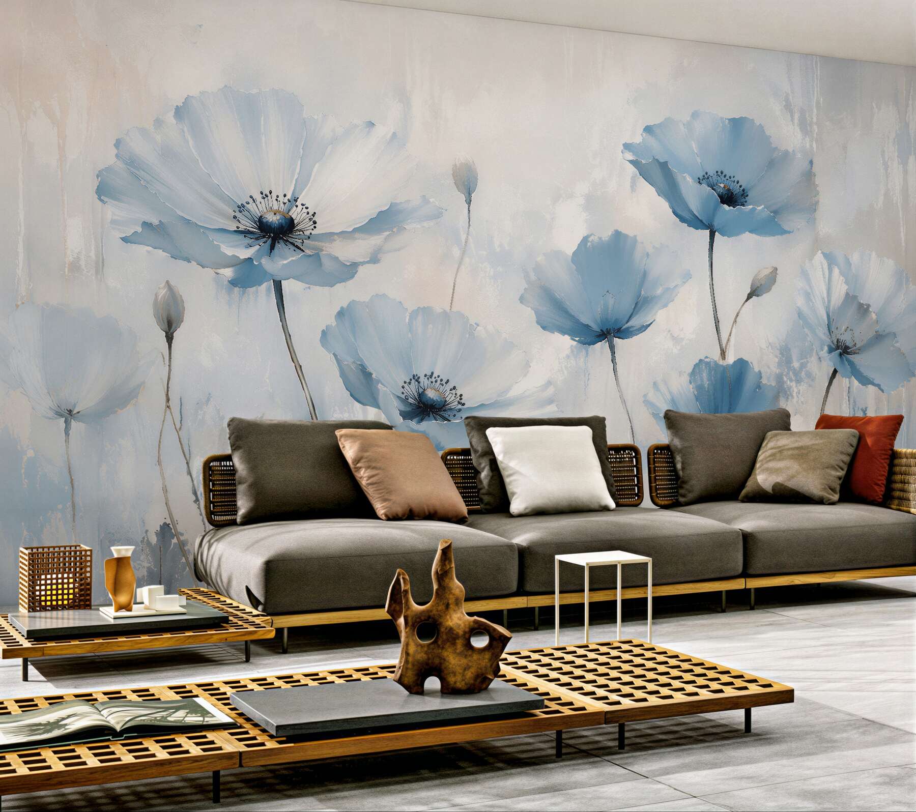 Fototapeten Hellblaue Mohnblumen in subtiler Aura