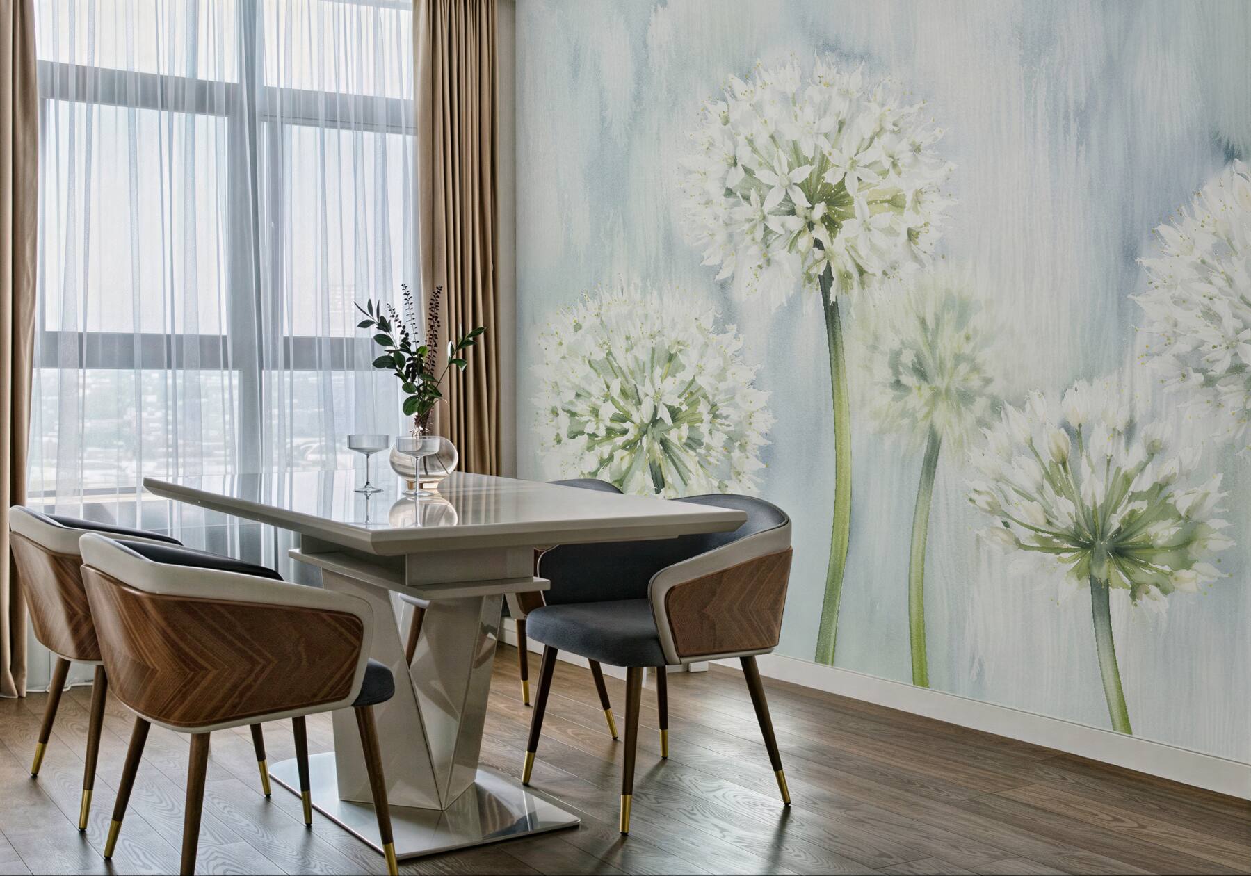 Fototapeten Weiße Blumen in blauer Aquarellmalerei