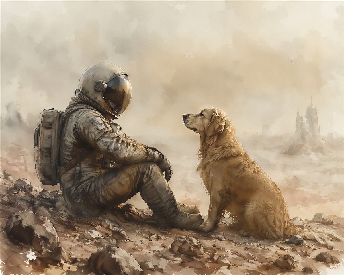 Fototapeten Astronaut mit Hund in der Stille