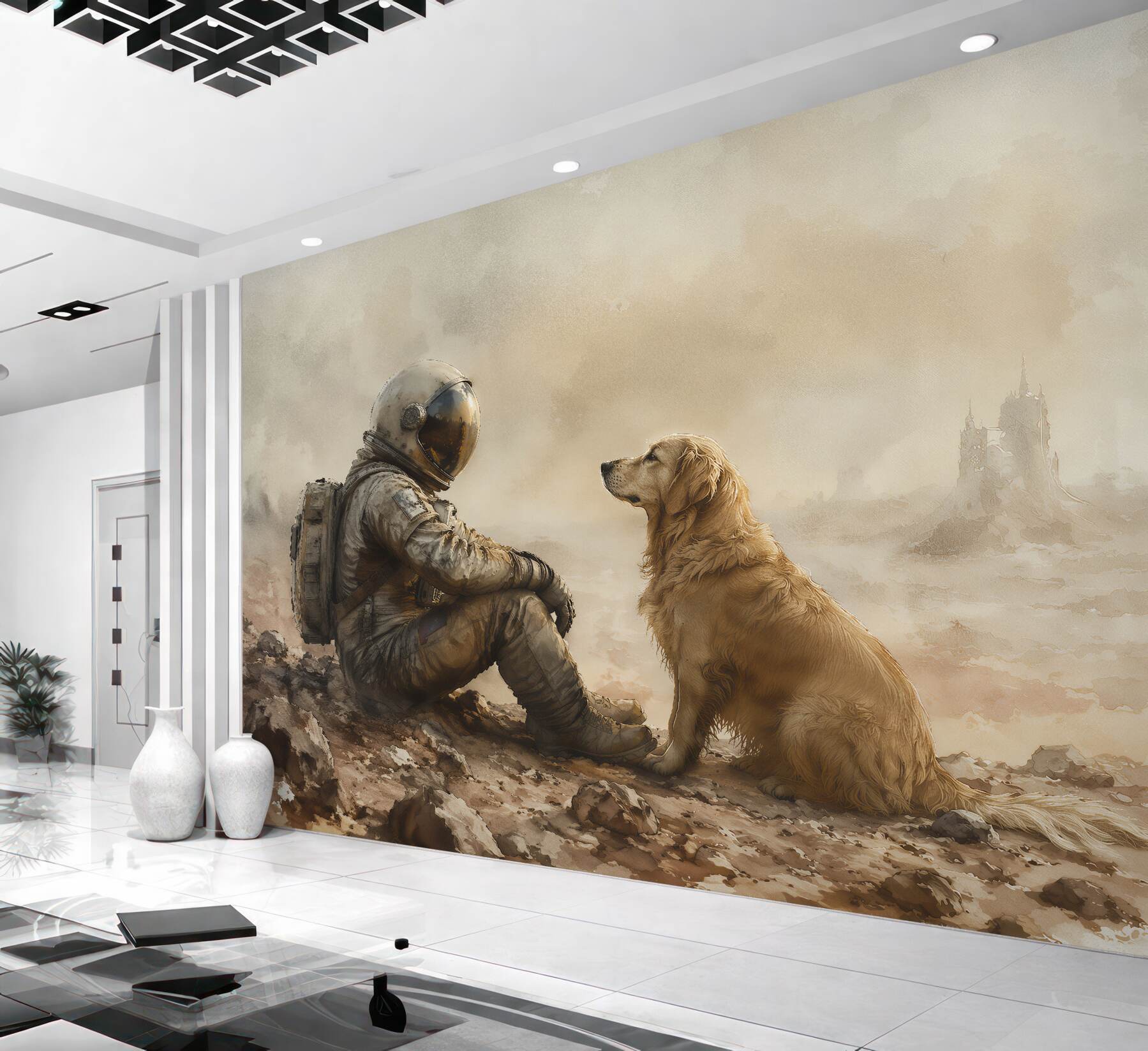 Fototapeten Astronaut mit Hund in der Stille