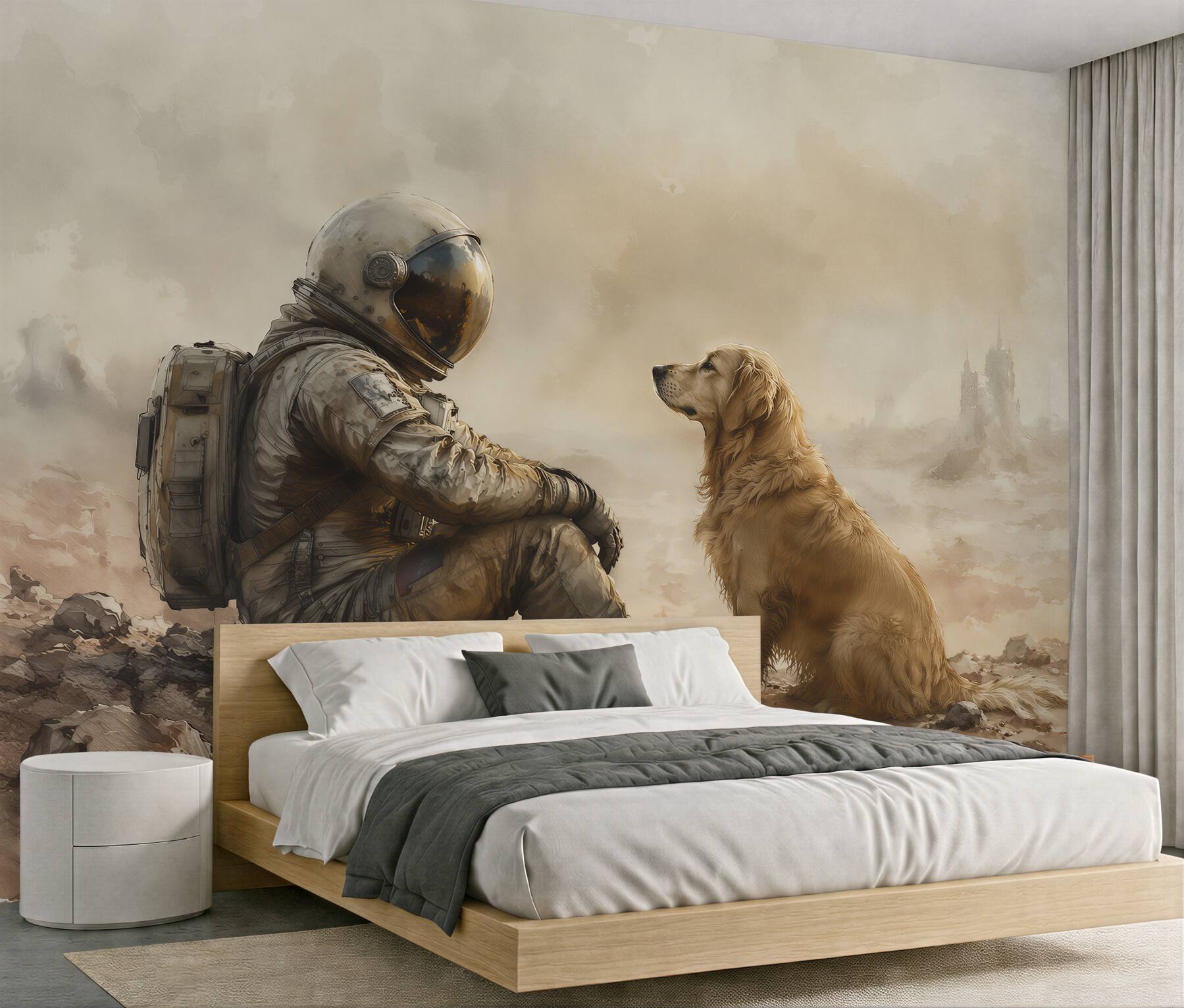 Fototapeten Astronaut mit Hund in der Stille