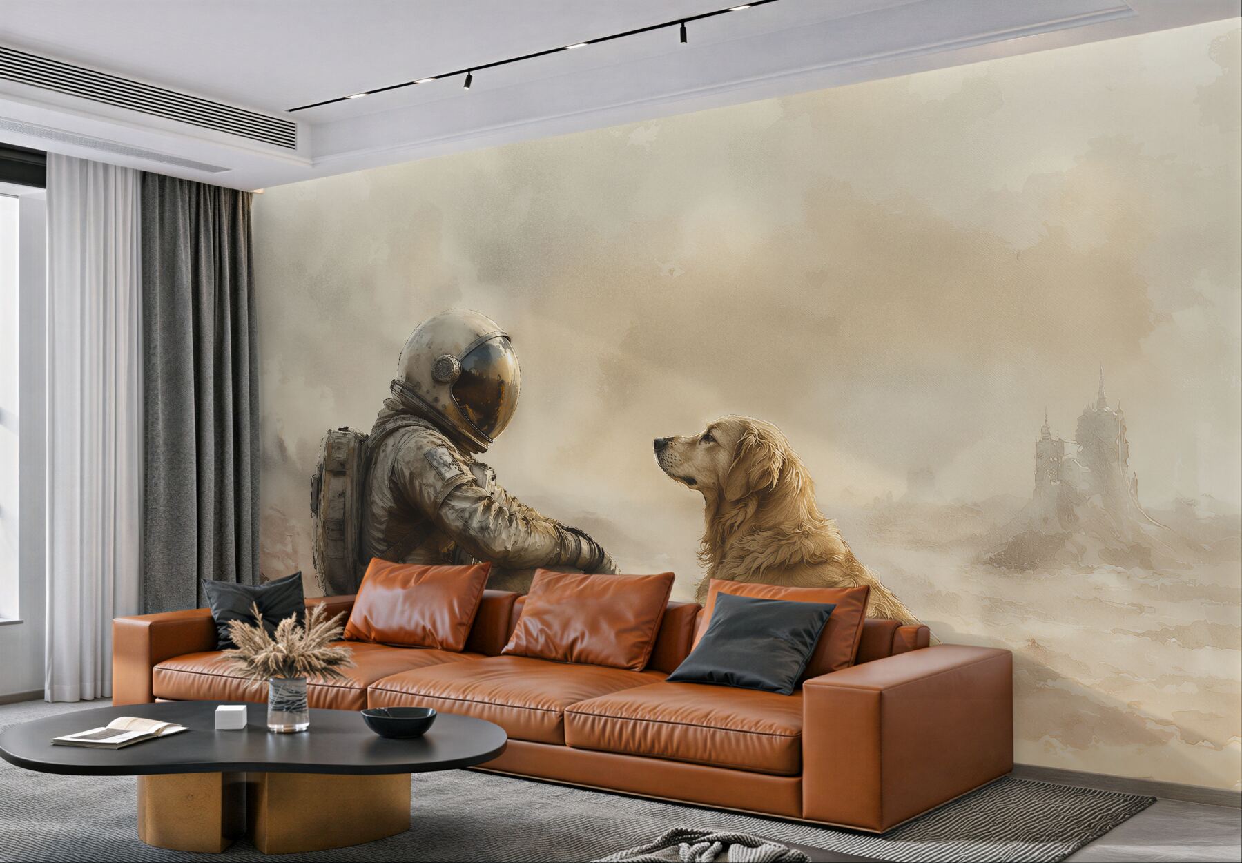 Fototapeten Astronaut mit Hund in der Stille