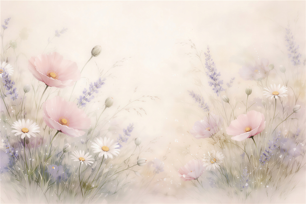 Fototapeten Pastellwiese mit Mohn und Lavendel