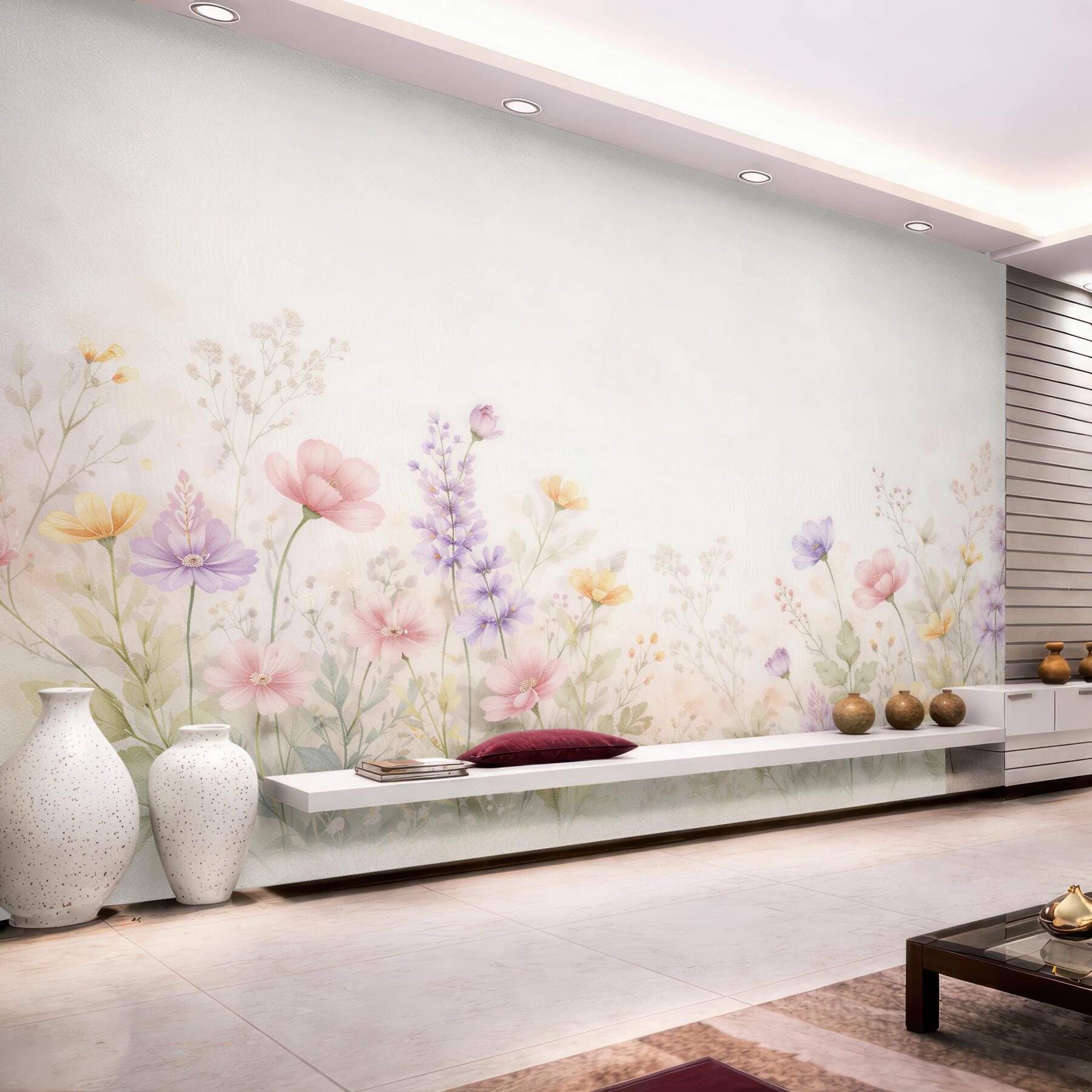 Fototapeten Pastellfarbene Blumenwiese