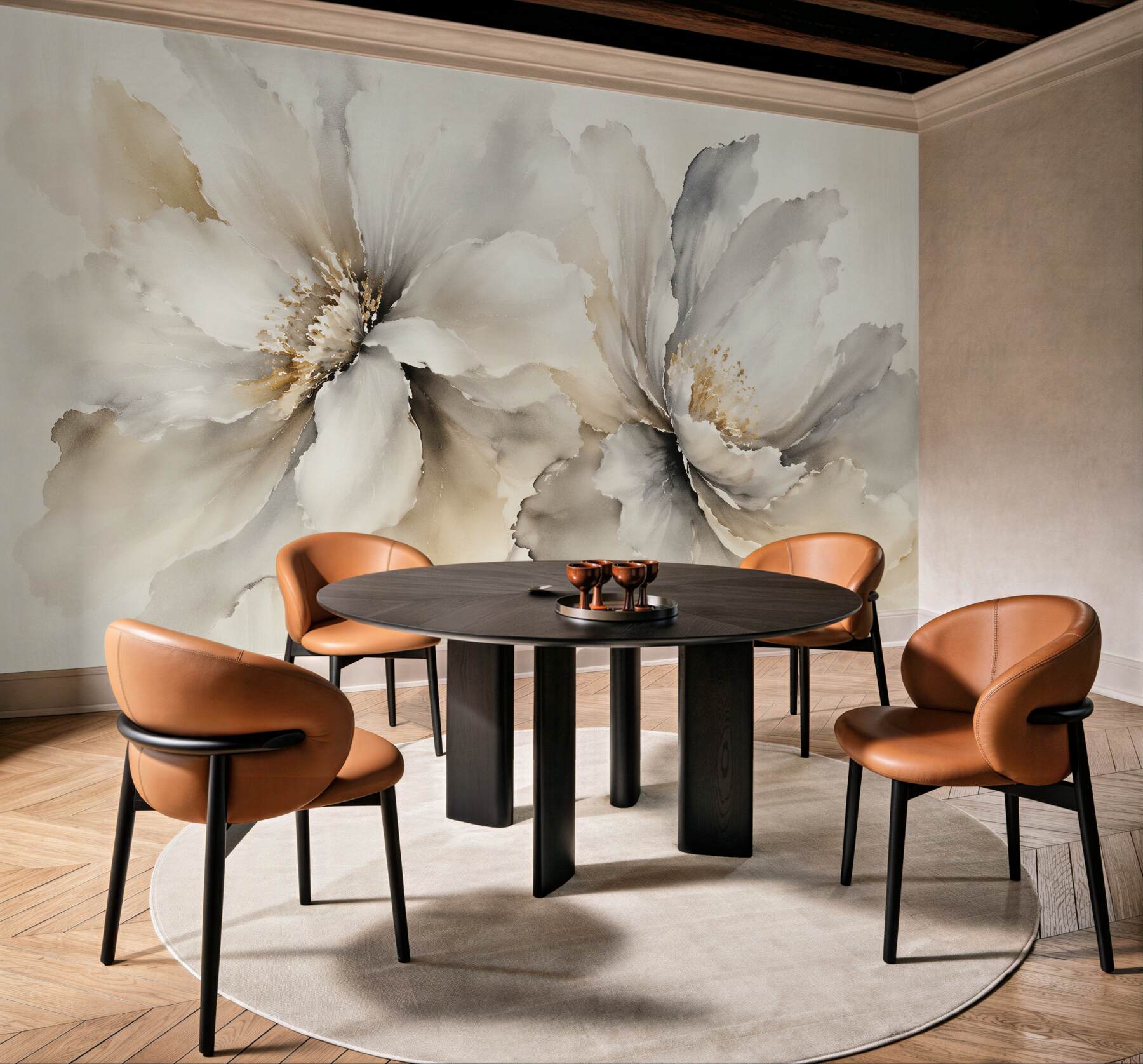 Fototapeten Cremefarbene Blumen in Aquarell-Eleganz