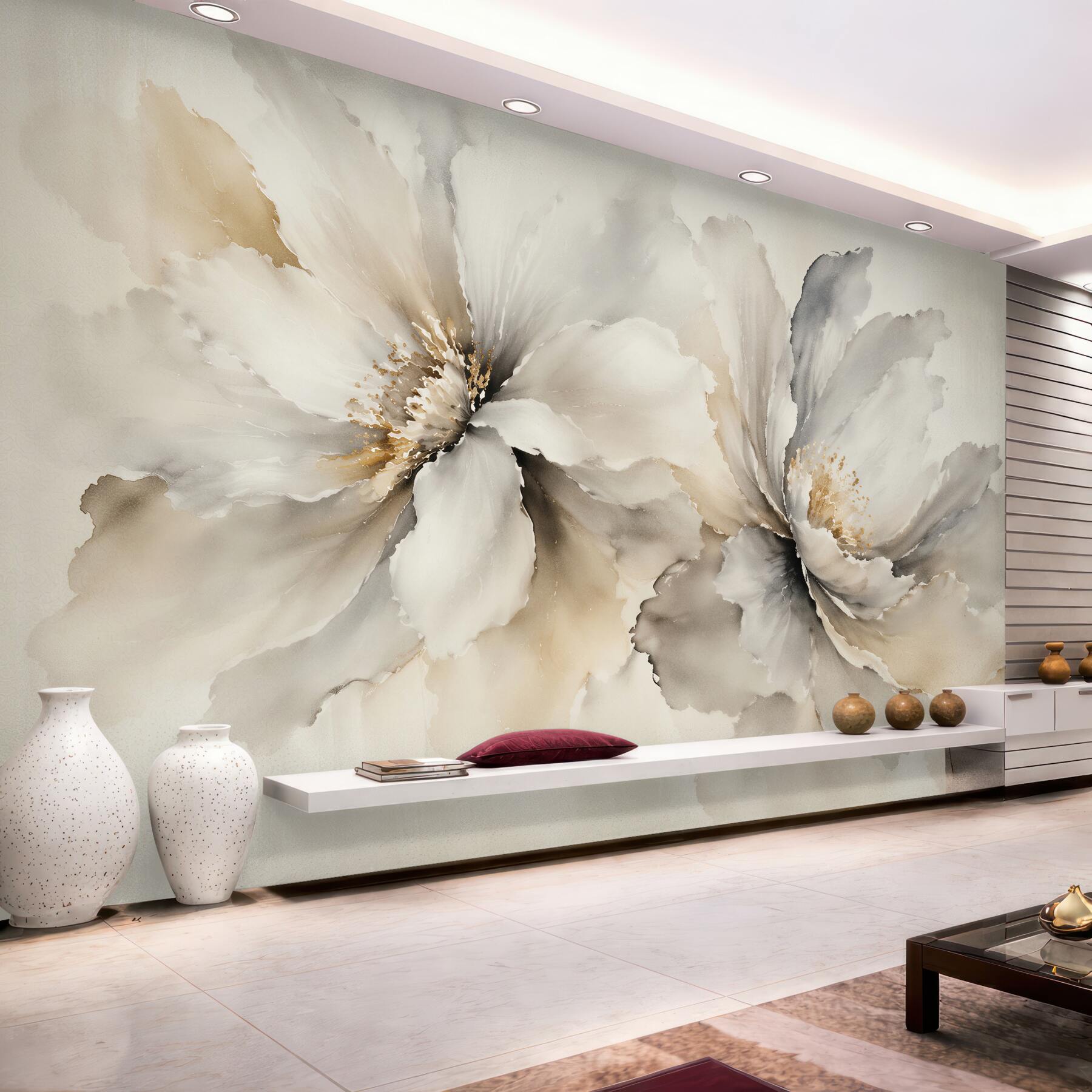 Fototapeten Cremefarbene Blumen in Aquarell-Eleganz