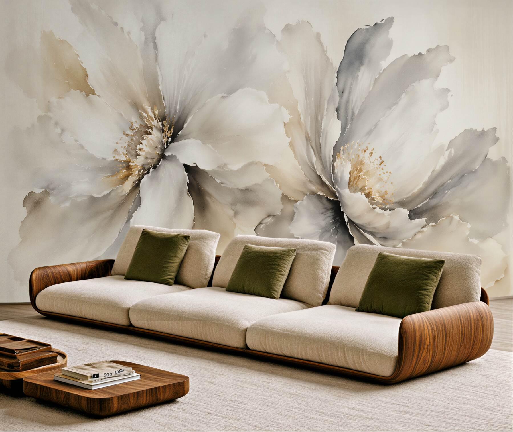 Fototapeten Cremefarbene Blumen in Aquarell-Eleganz