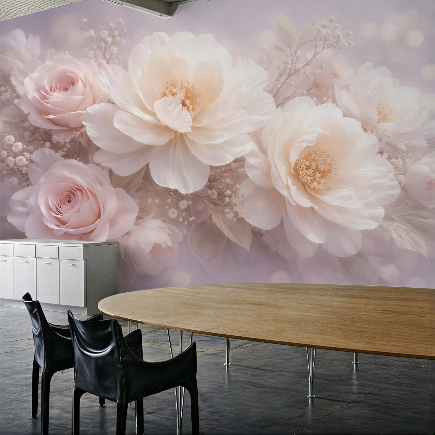 Fototapeten Puderfarbene Pfingstrosen und Rosen