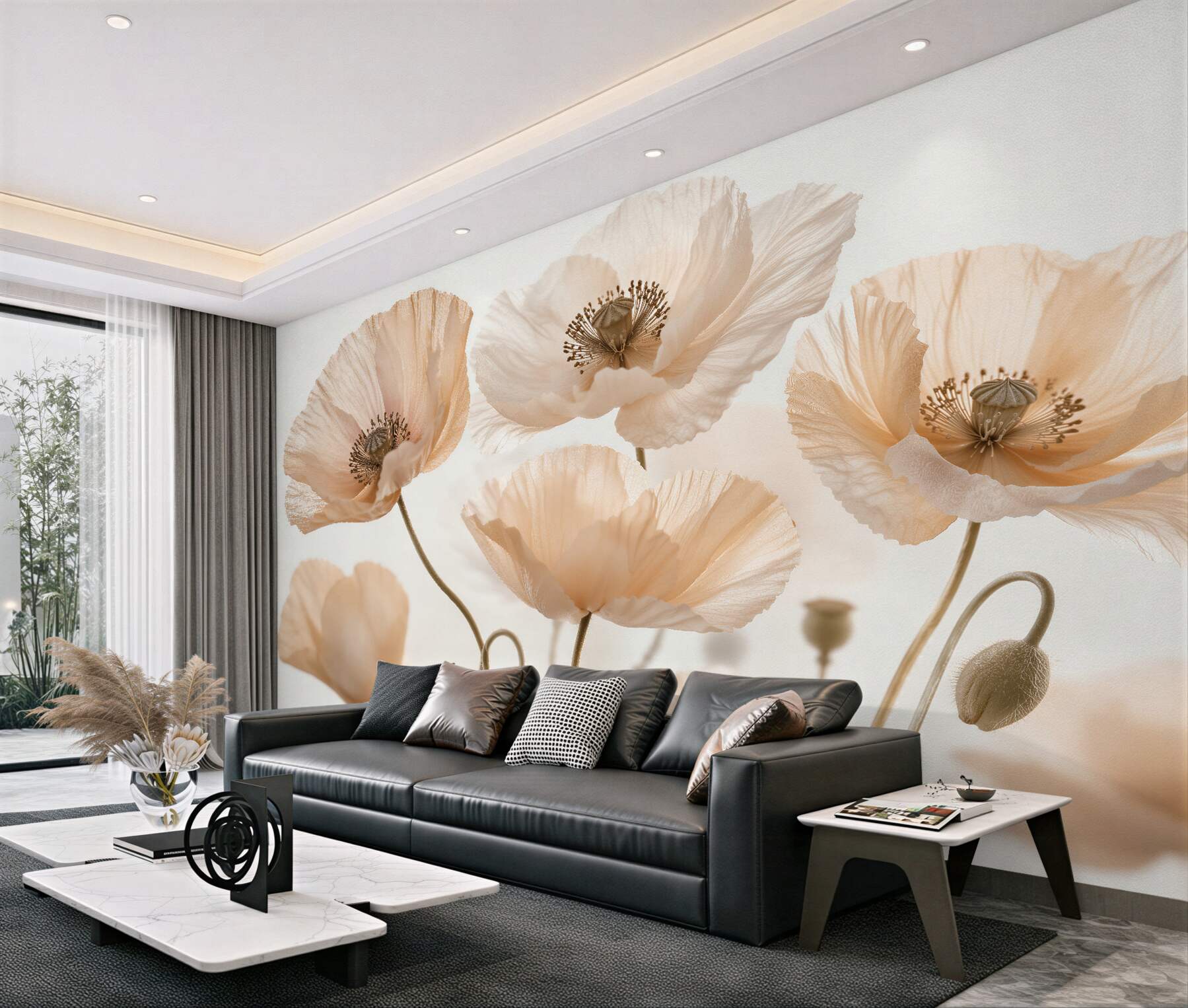 Fototapeten Luftige Mohnblumen in Beige