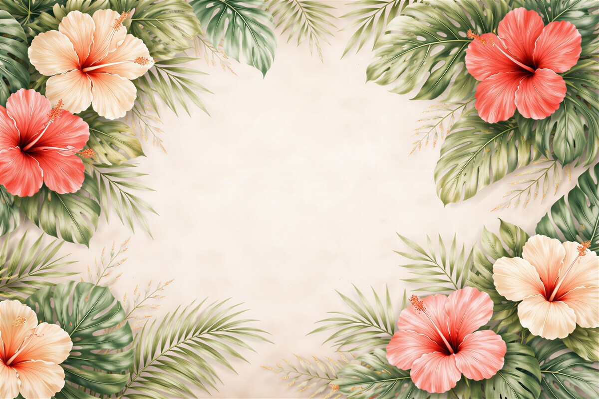 Fototapeten Tropischer Rahmen mit Hibiskusblüten
