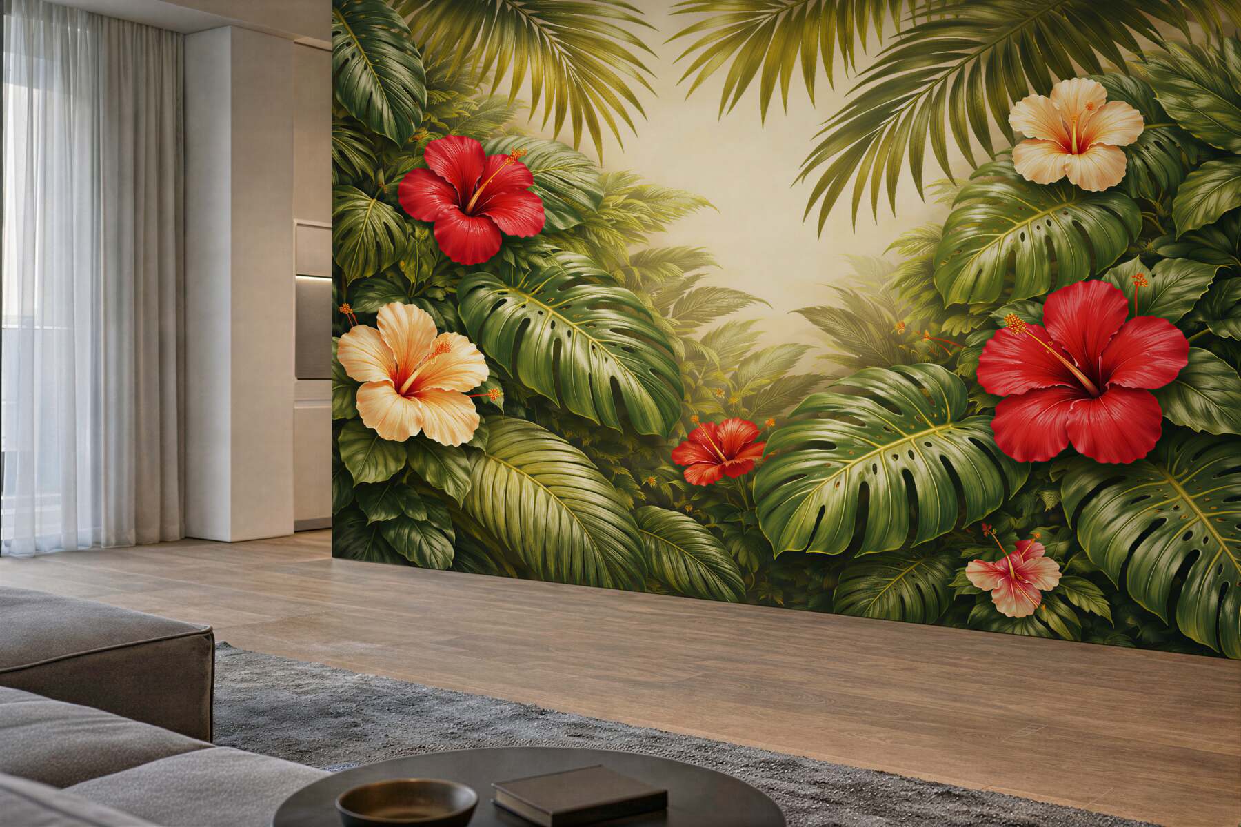 Fototapeten Exotischer Dschungel mit Hibiskusblüten