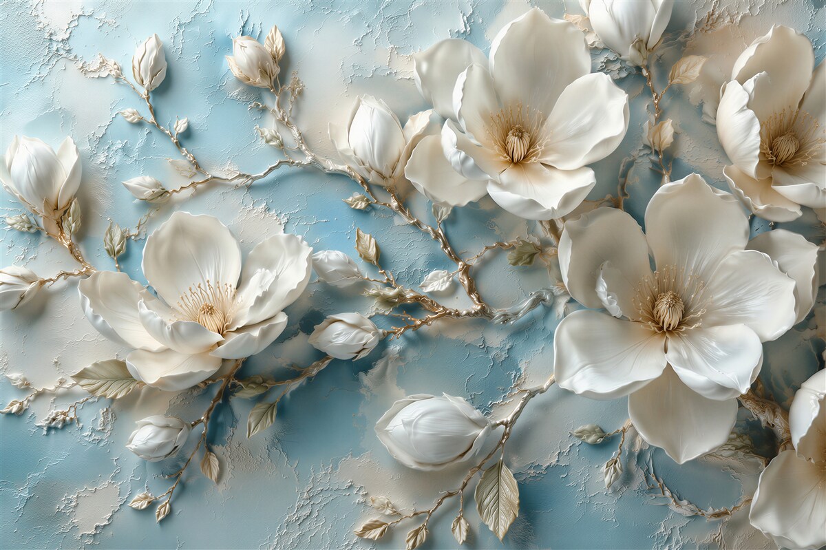 Fototapeten 3D-Magnolien auf hellblauem Hintergrund