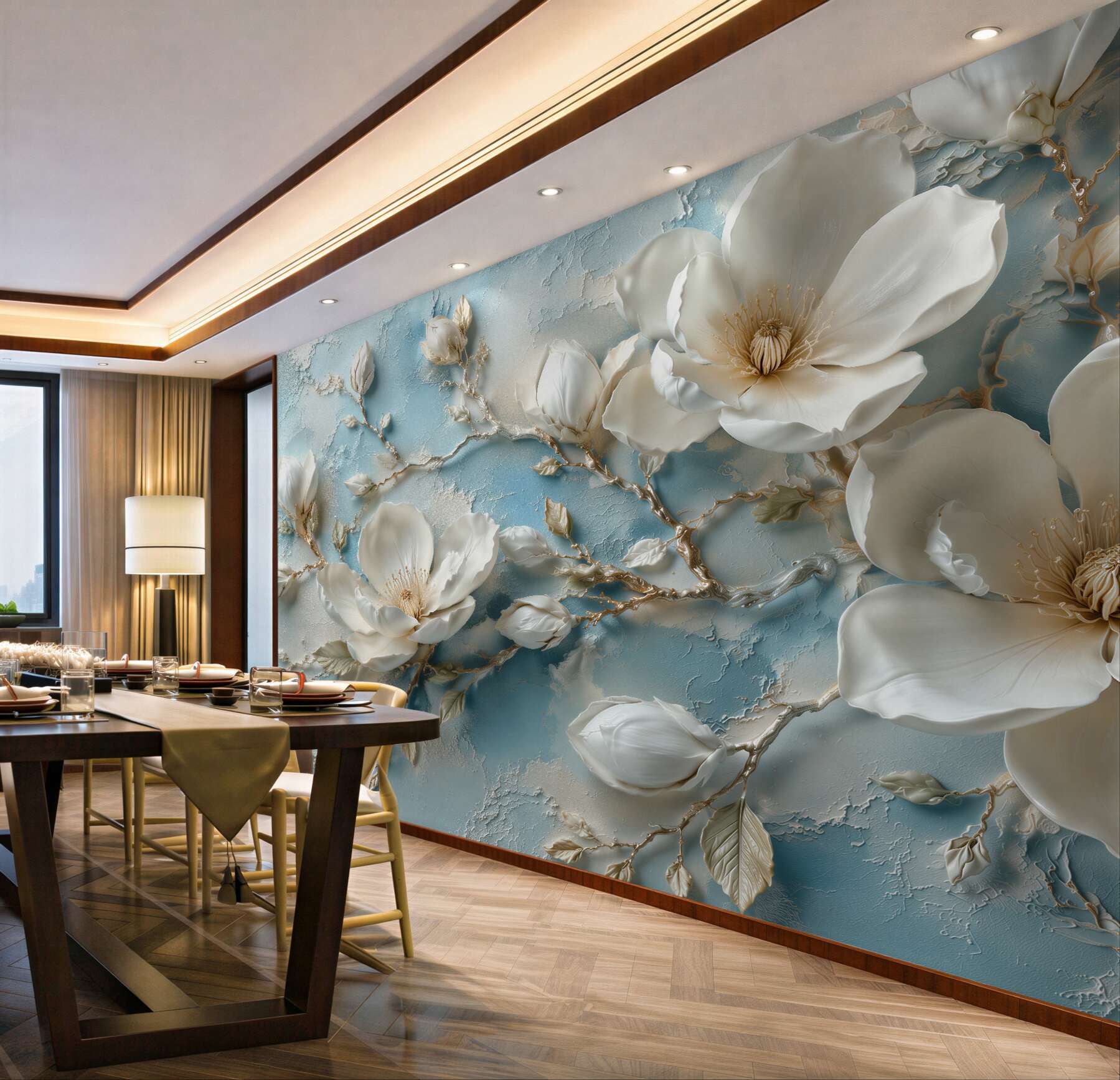 Fototapeten 3D-Magnolien auf hellblauem Hintergrund