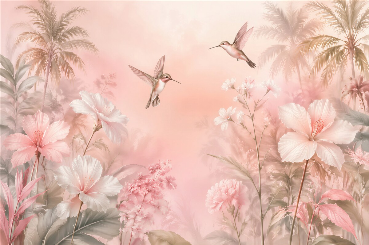 Fototapeten Rosa Kolibris in tropischen Blumen