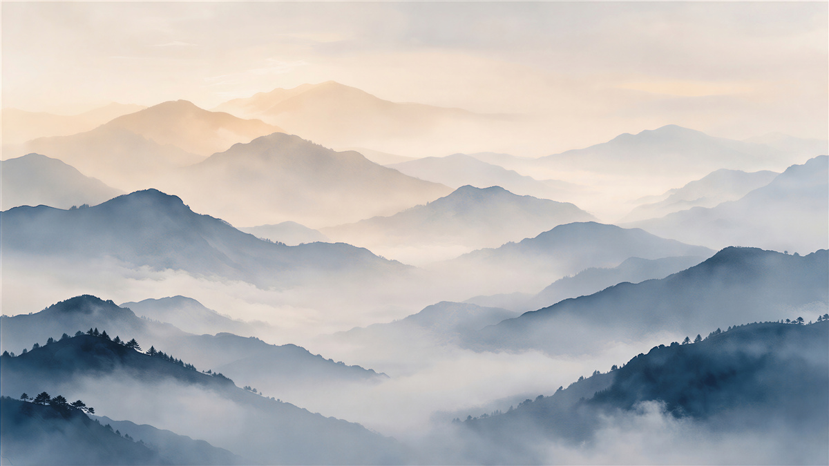 Fototapeten Neblige Berglandschaft im Morgengrauen