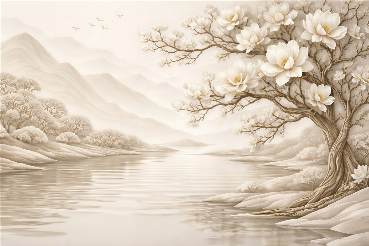 Fototapeten Cremefarbene Magnolie über ruhigem Wasser