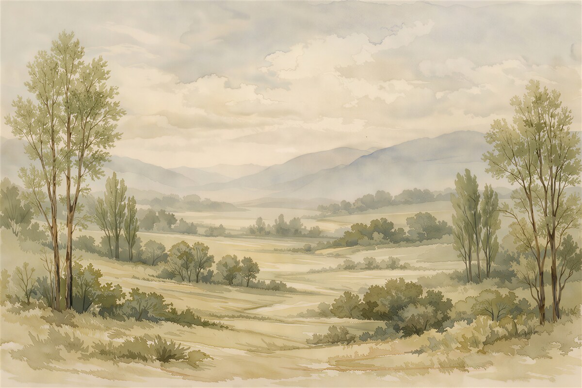 Fototapeten Aquarelllandschaft im pastelligen Nebel
