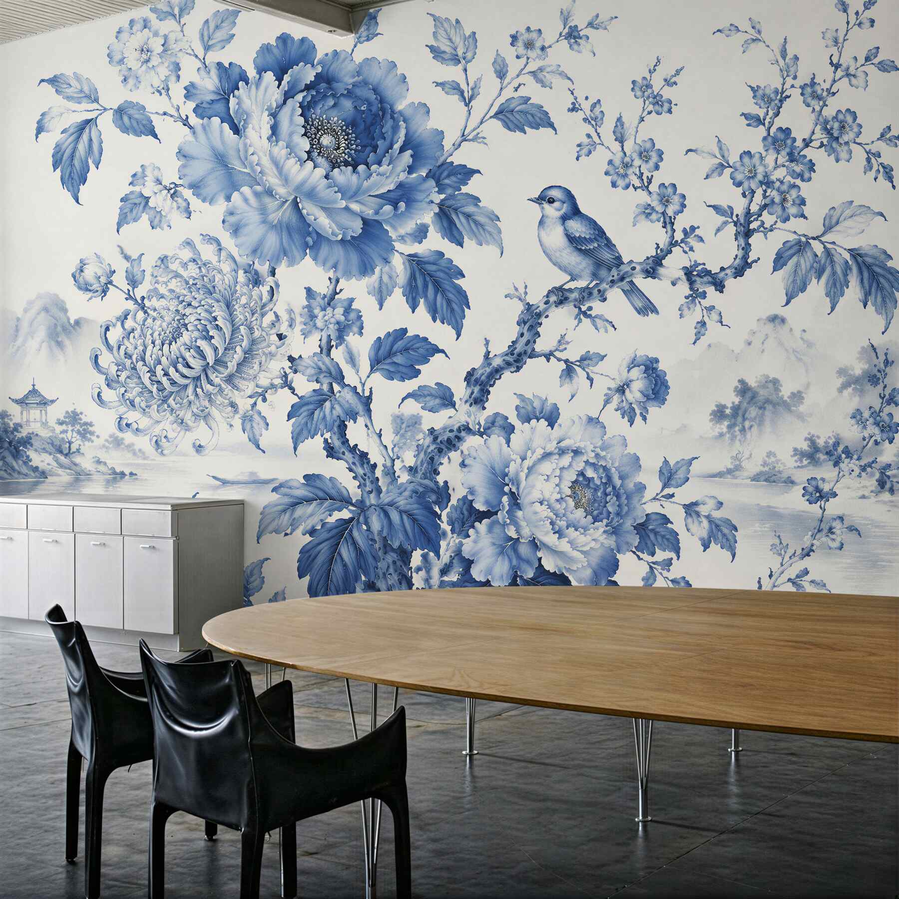Fototapeten Blaue Blumen mit einem Vogel