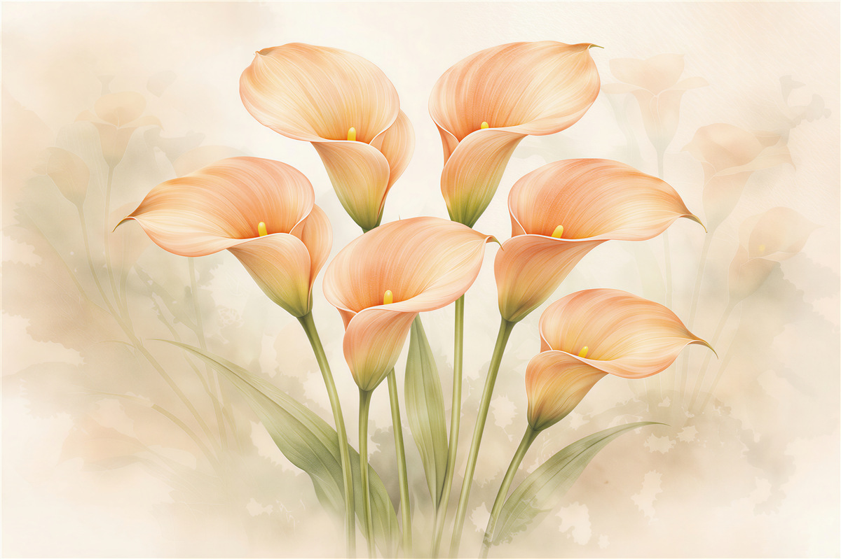 Fototapeten Aprikosenfarbene Calla-Lilien im Glanz