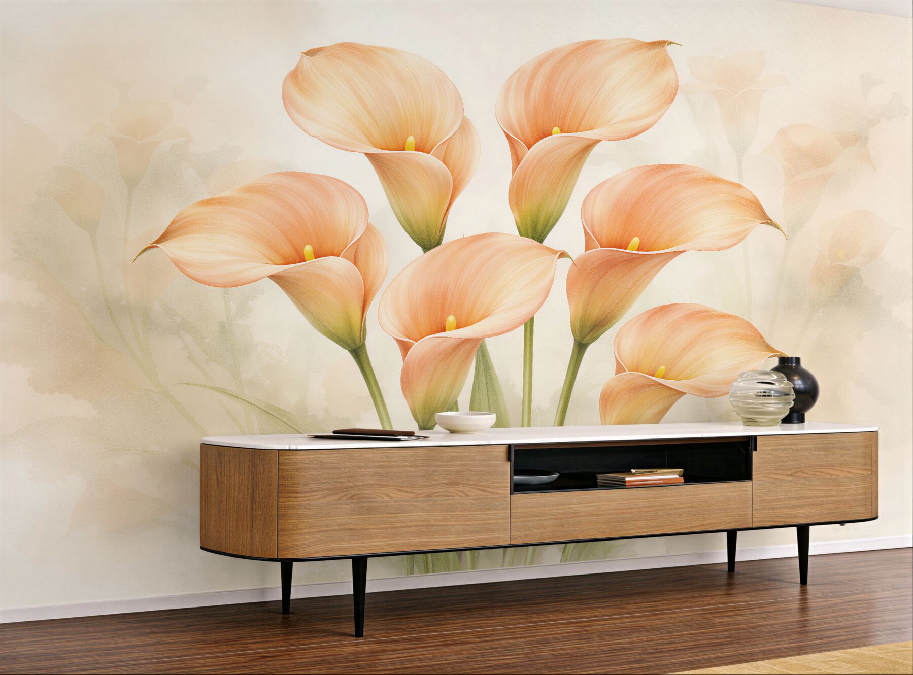 Fototapeten Aprikosenfarbene Calla-Lilien im Glanz