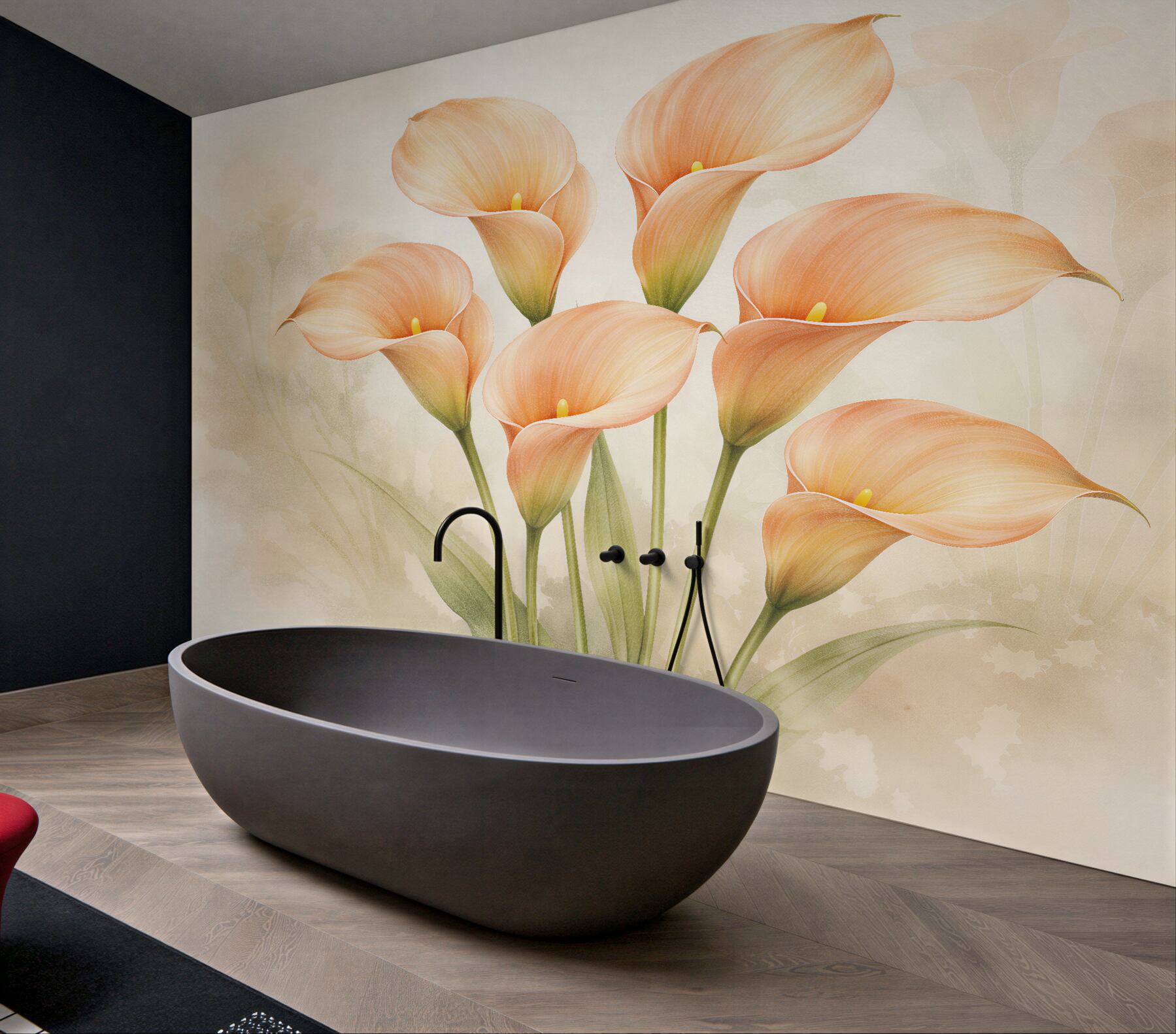 Fototapeten Aprikosenfarbene Calla-Lilien im Glanz