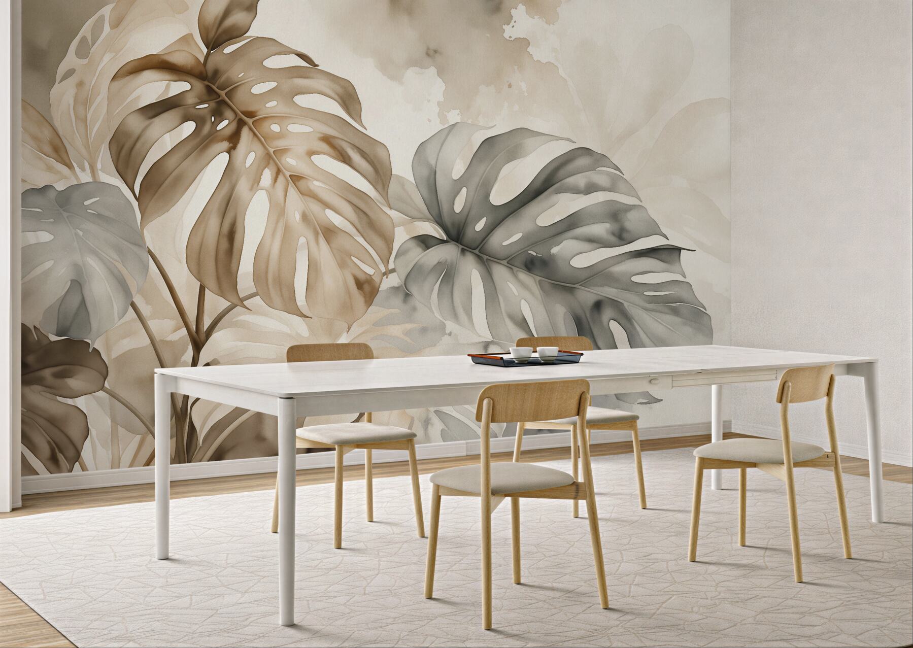 Fototapeten Beige Monstera-Blätter Aquarell