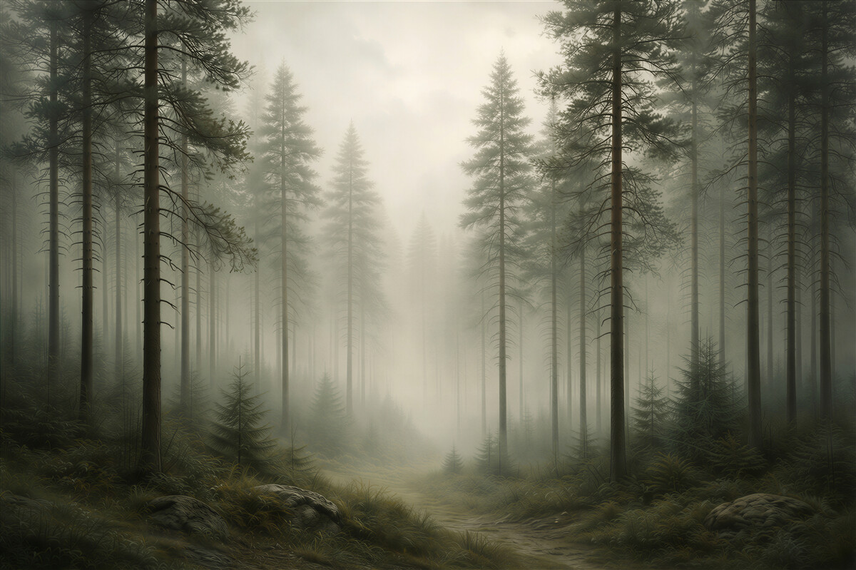 Fototapeten Waldweg im Nebel