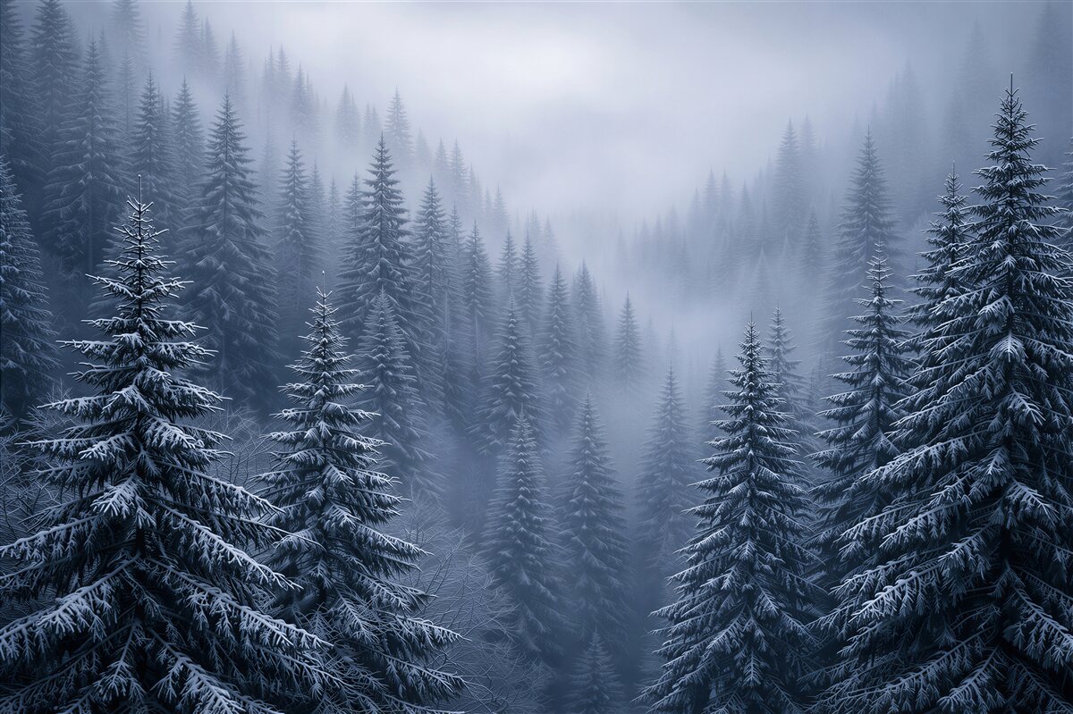 Fototapeten Düsterer Fichtenwald im Nebel
