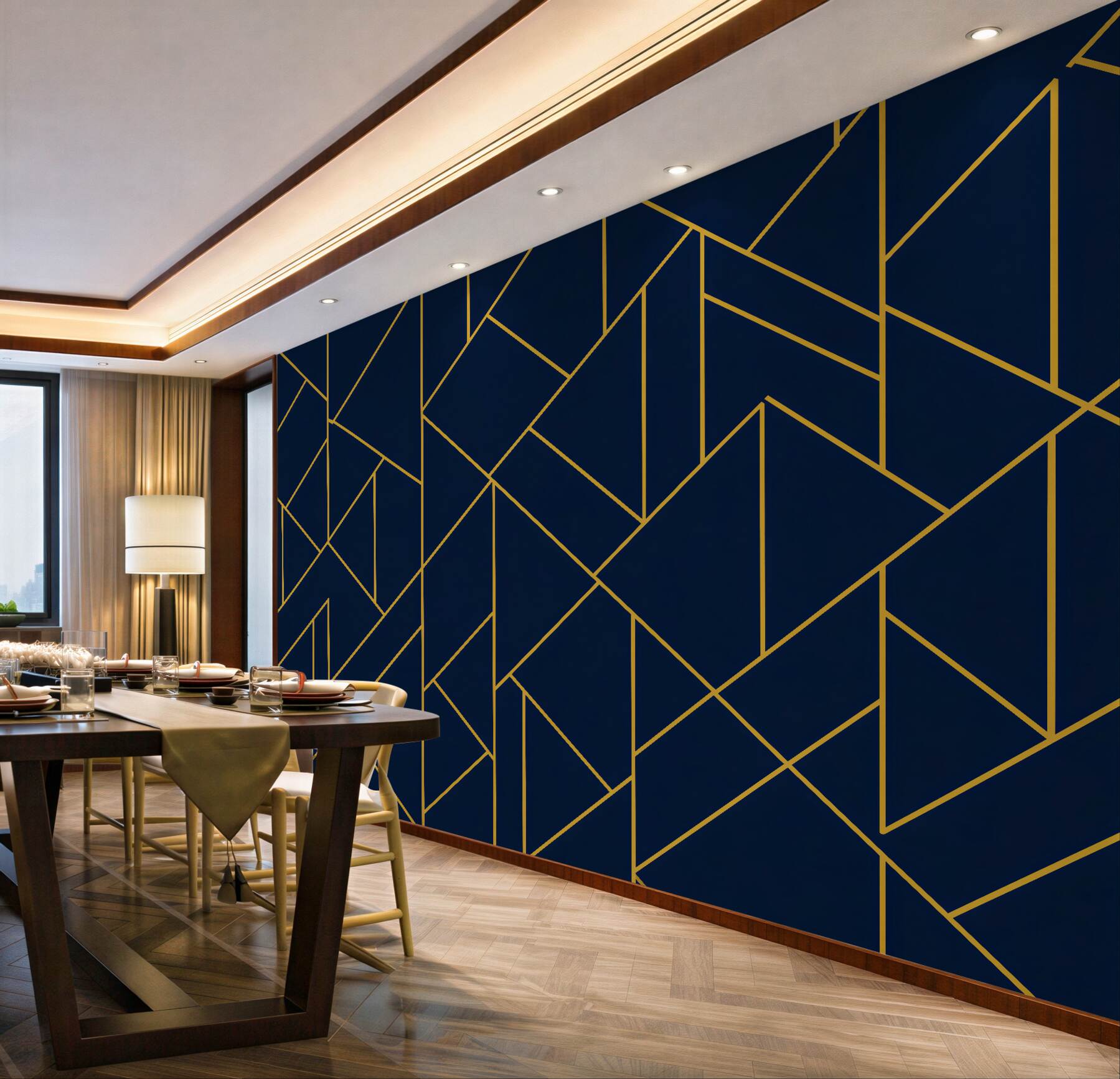 Fototapeten Marineblaue Geometrie mit goldener Linie