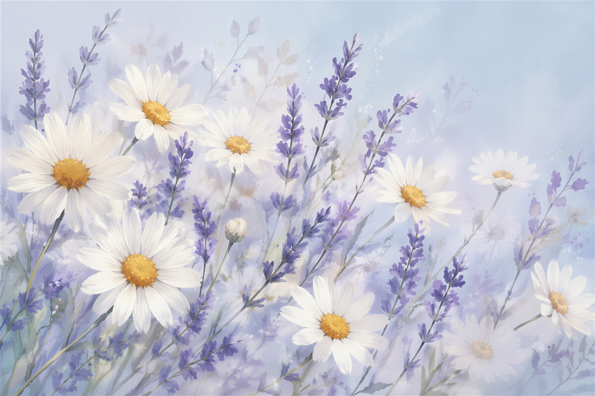 Fototapeten Lavendel und Gänseblümchen in Aquarell