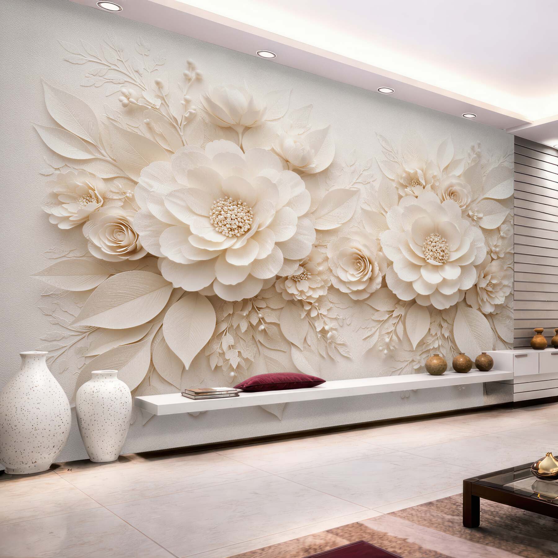 Fototapeten Cremefarbene Blumen in elegantem Relief