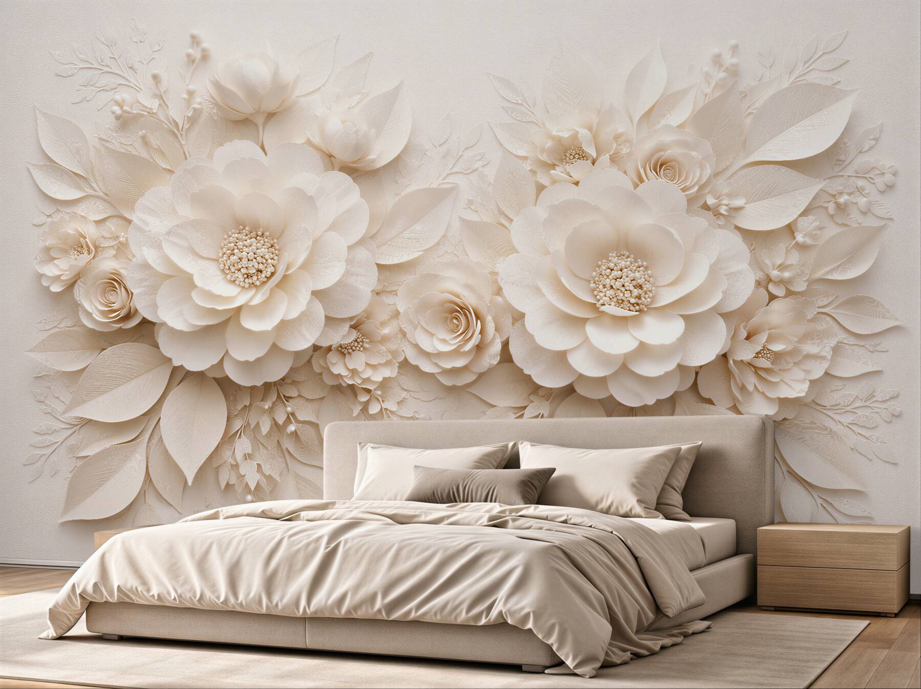 Fototapeten Cremefarbene Blumen in elegantem Relief