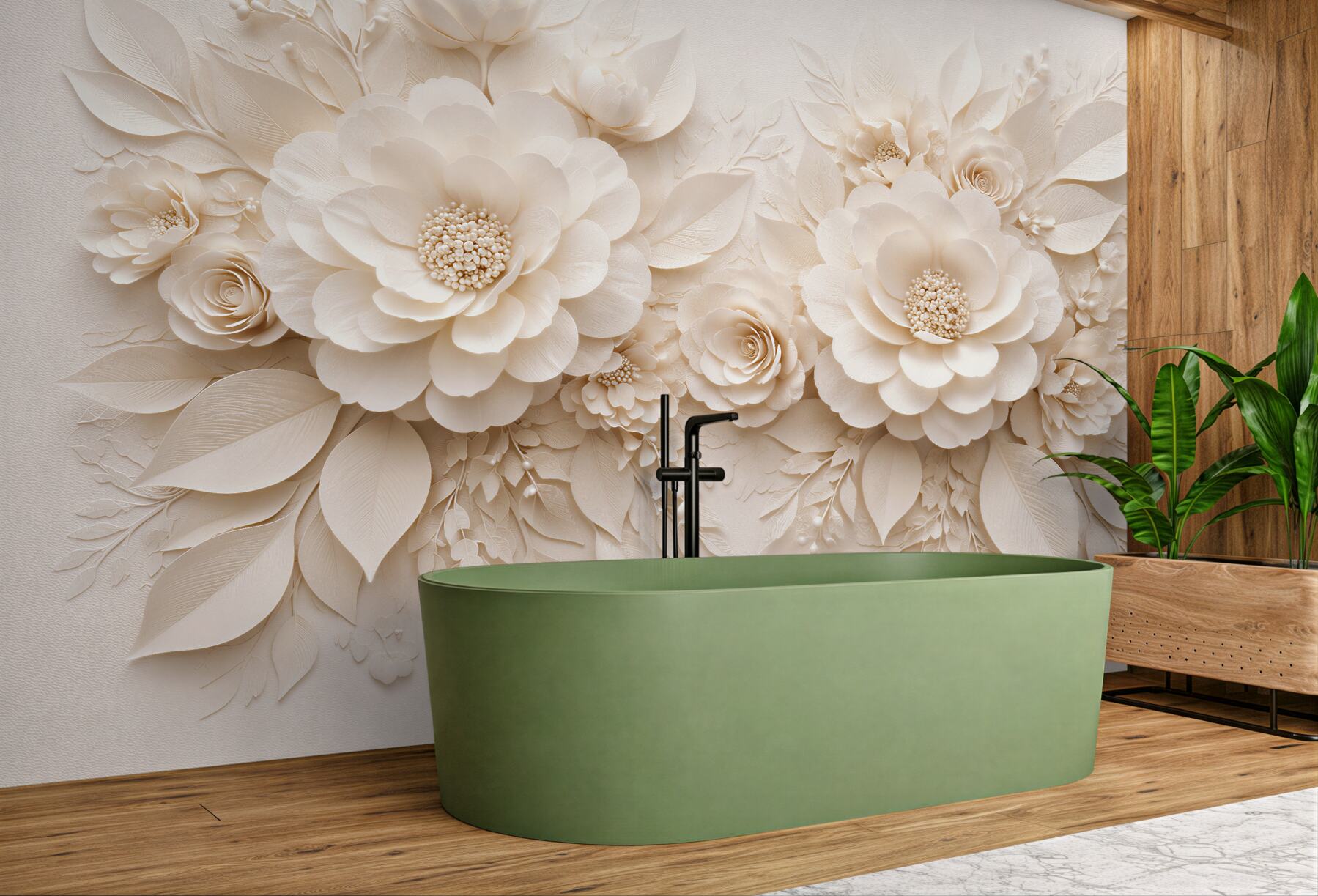 Fototapeten Cremefarbene Blumen in elegantem Relief