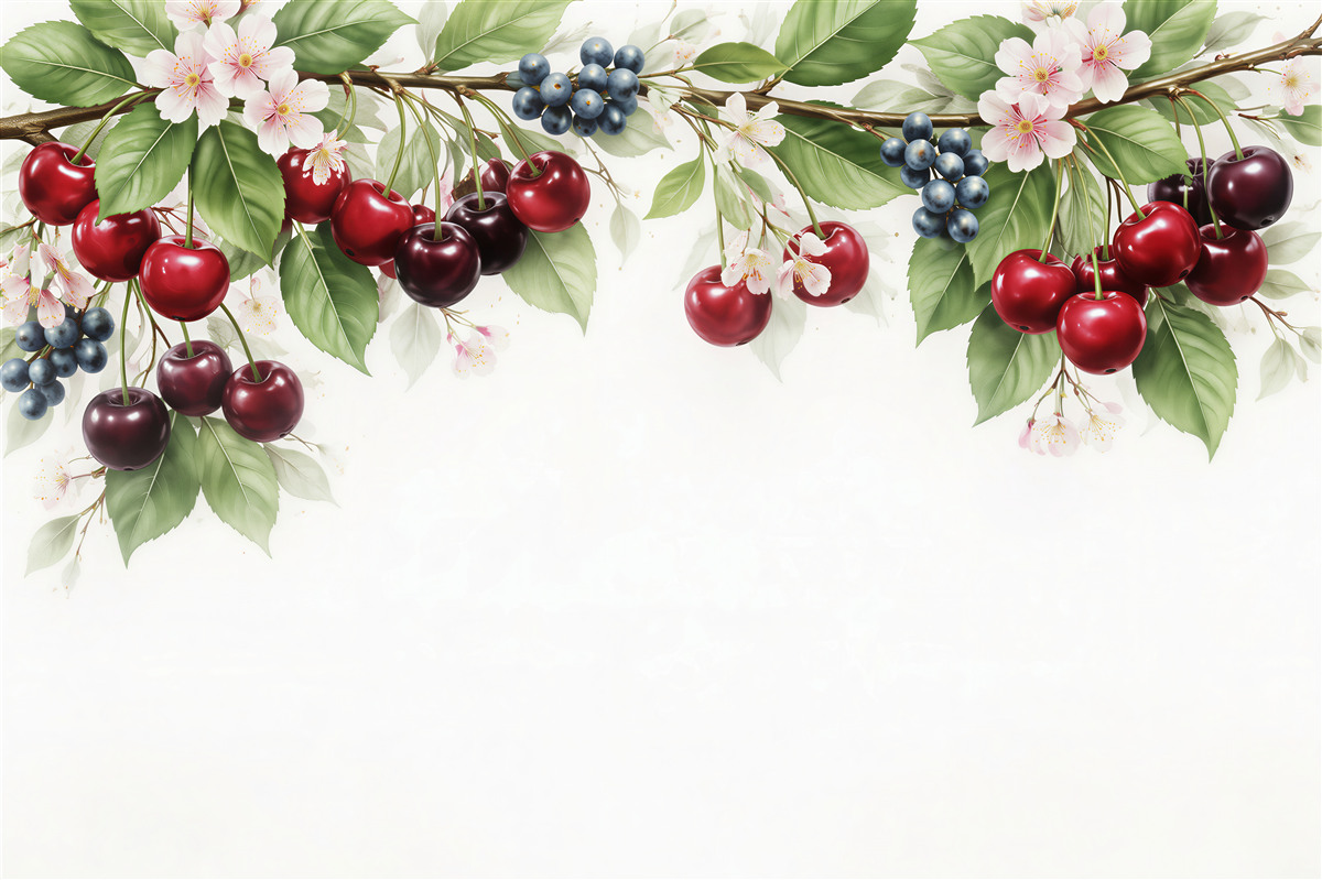 Fototapeten Kirschen und Beeren in Blüten