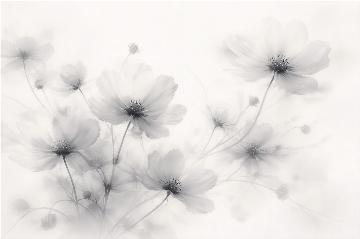Fototapeten Zarte Blumen im grauen Nebel