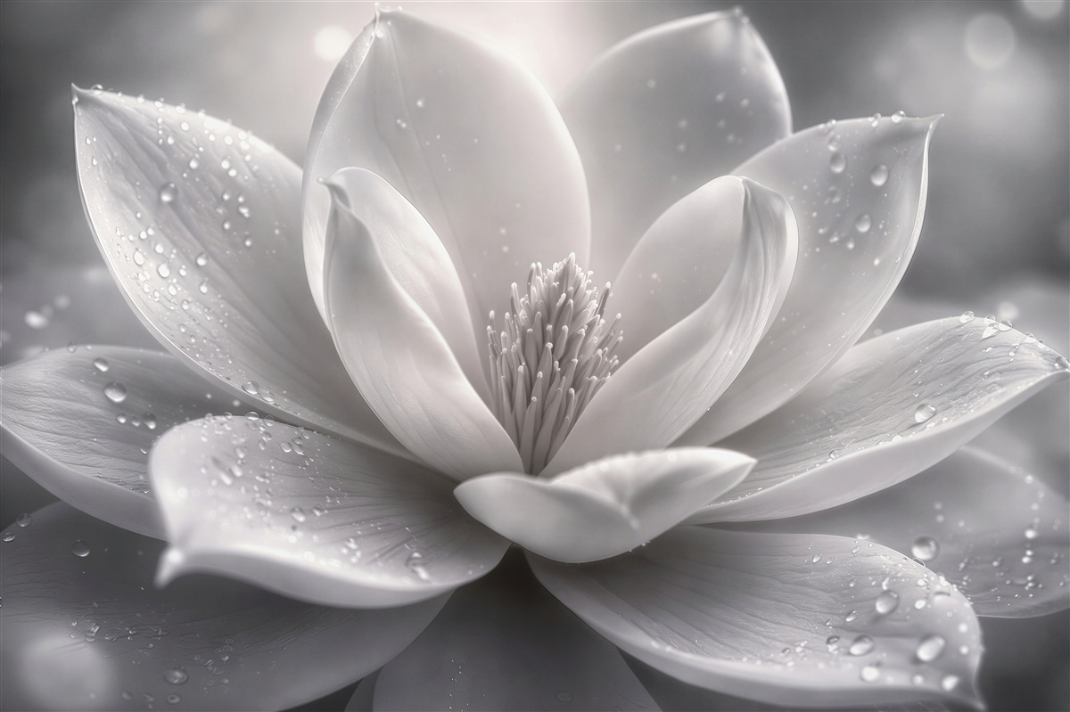 Fototapeten Weiße Magnolie mit Tautropfen