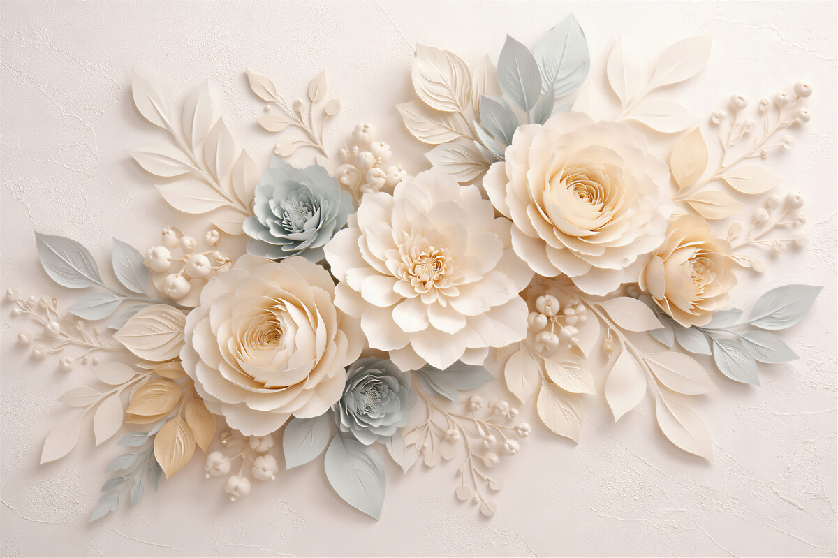Fototapeten Cremefarbene Blumen im 3D-Stil