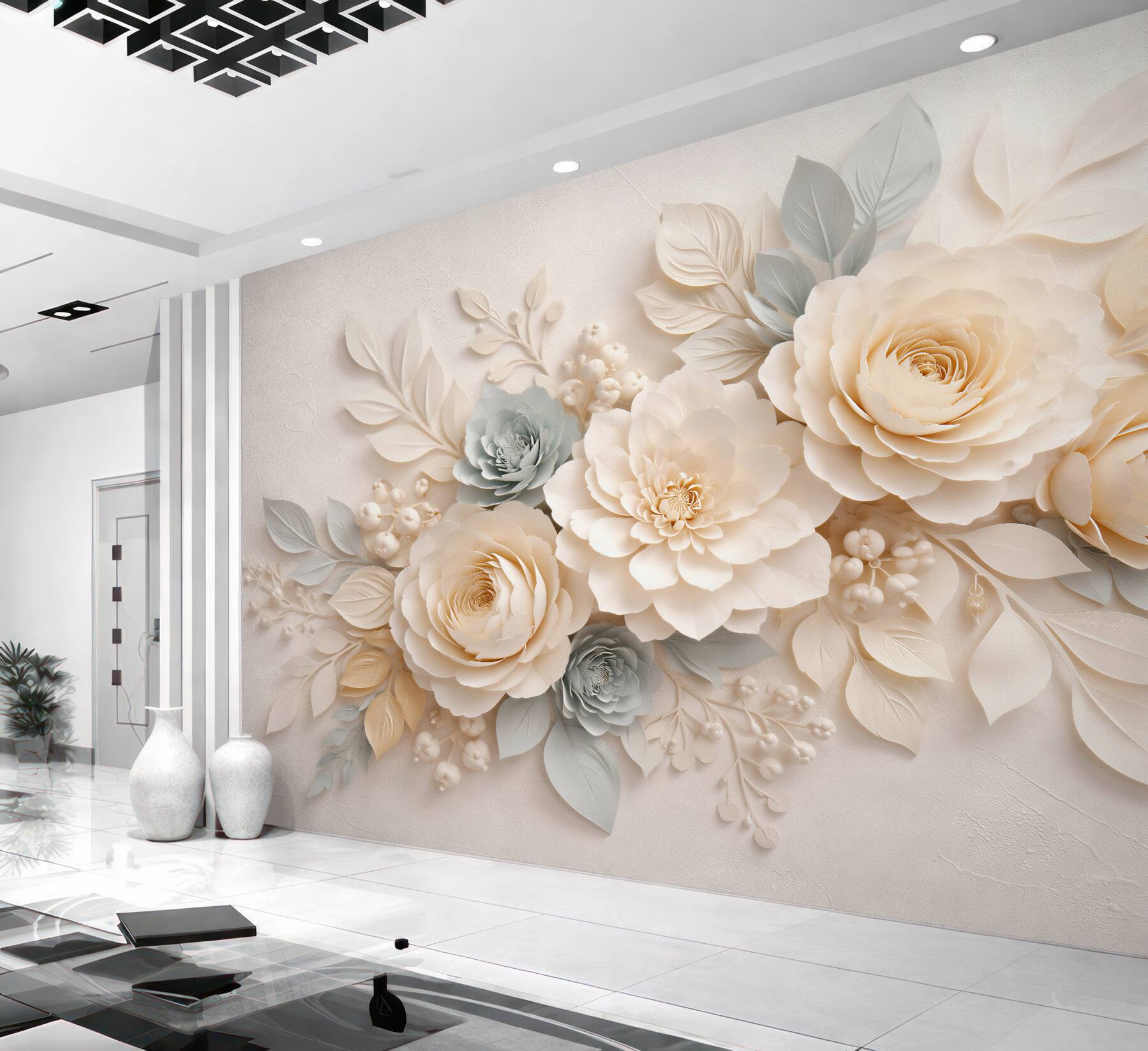Fototapeten Cremefarbene Blumen im 3D-Stil