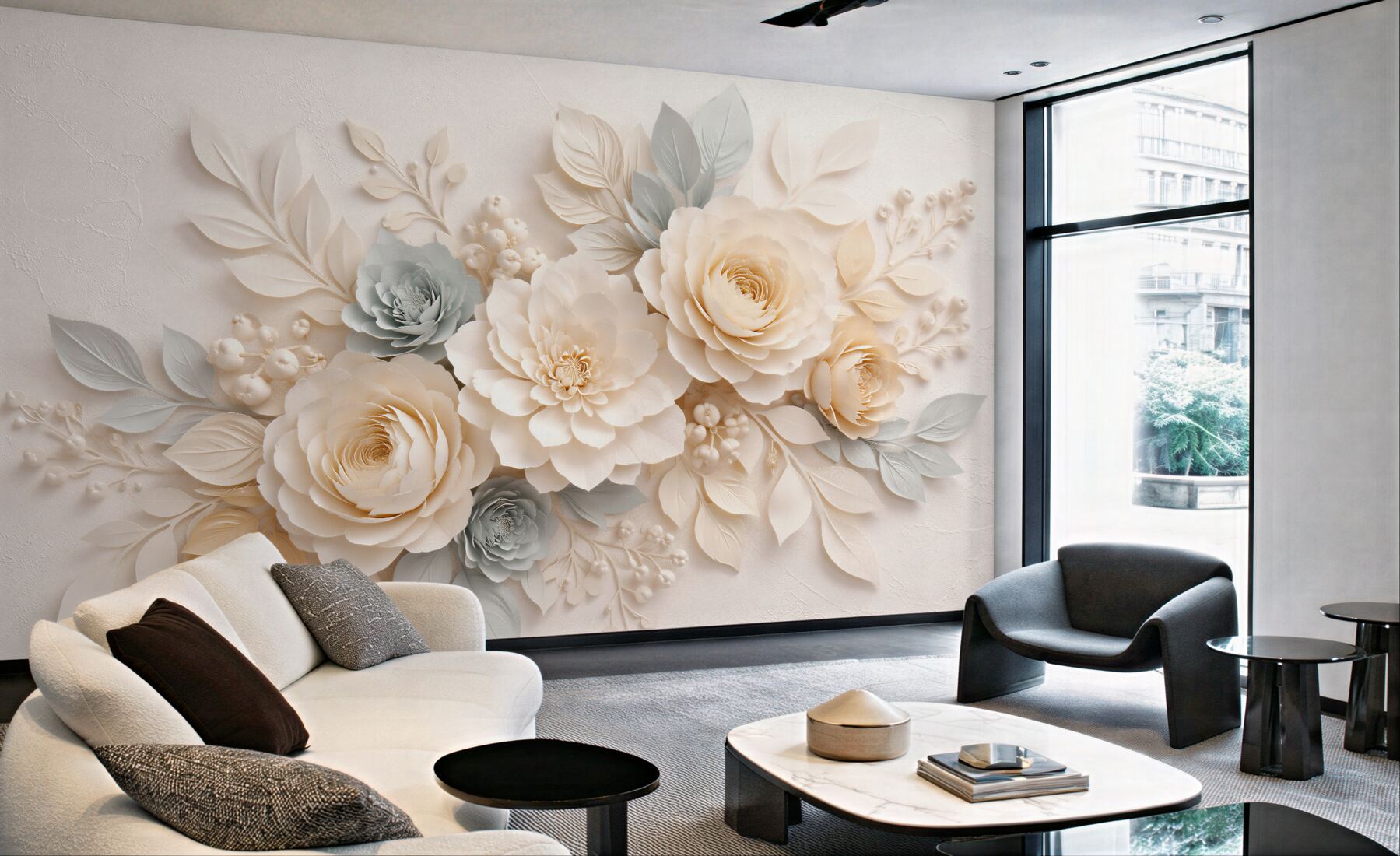 Fototapeten Cremefarbene Blumen im 3D-Stil