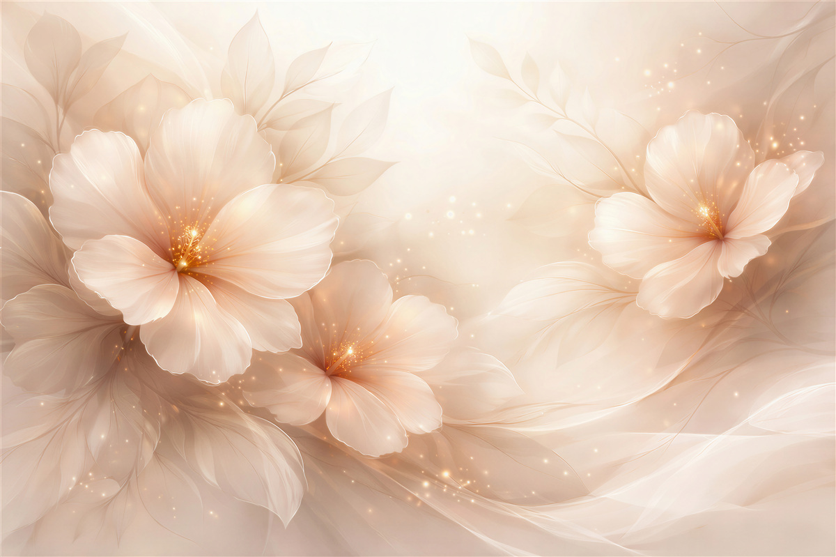 Fototapeten Leuchtende Blumen im beigen Nebel