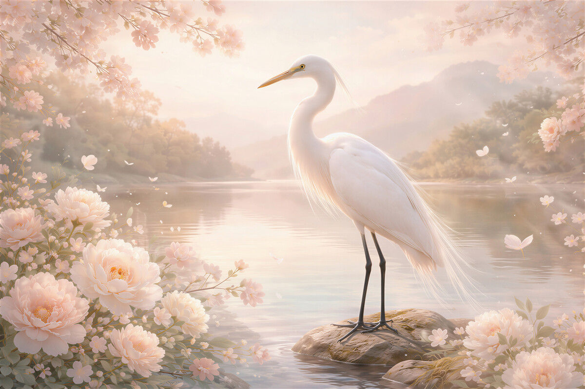 Fototapeten Weißer Reiher in blumiger Aura
