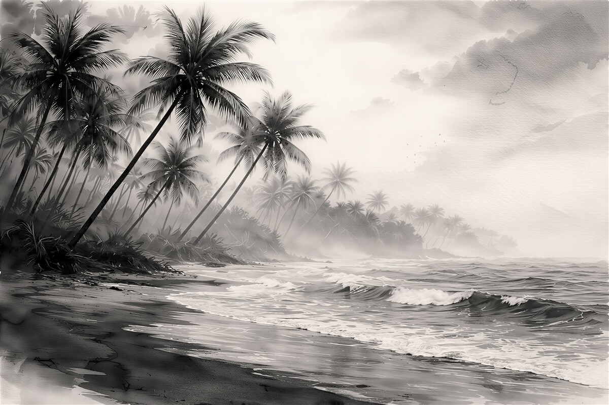 Fototapeten Schwarz-weißer tropischer Strand im Nebel