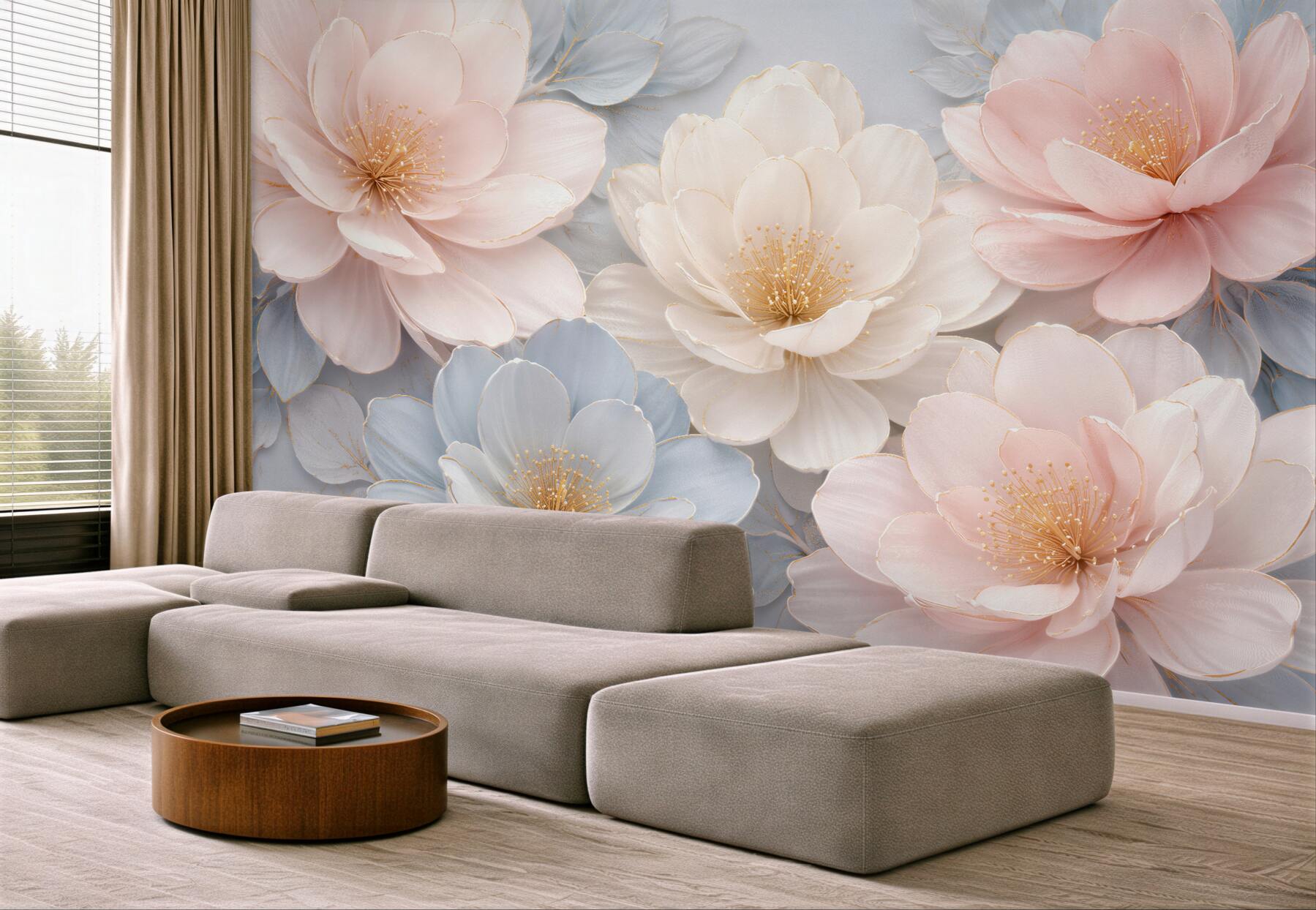 Fototapeten Pastellfarbene Blumen mit goldenem Schimmer