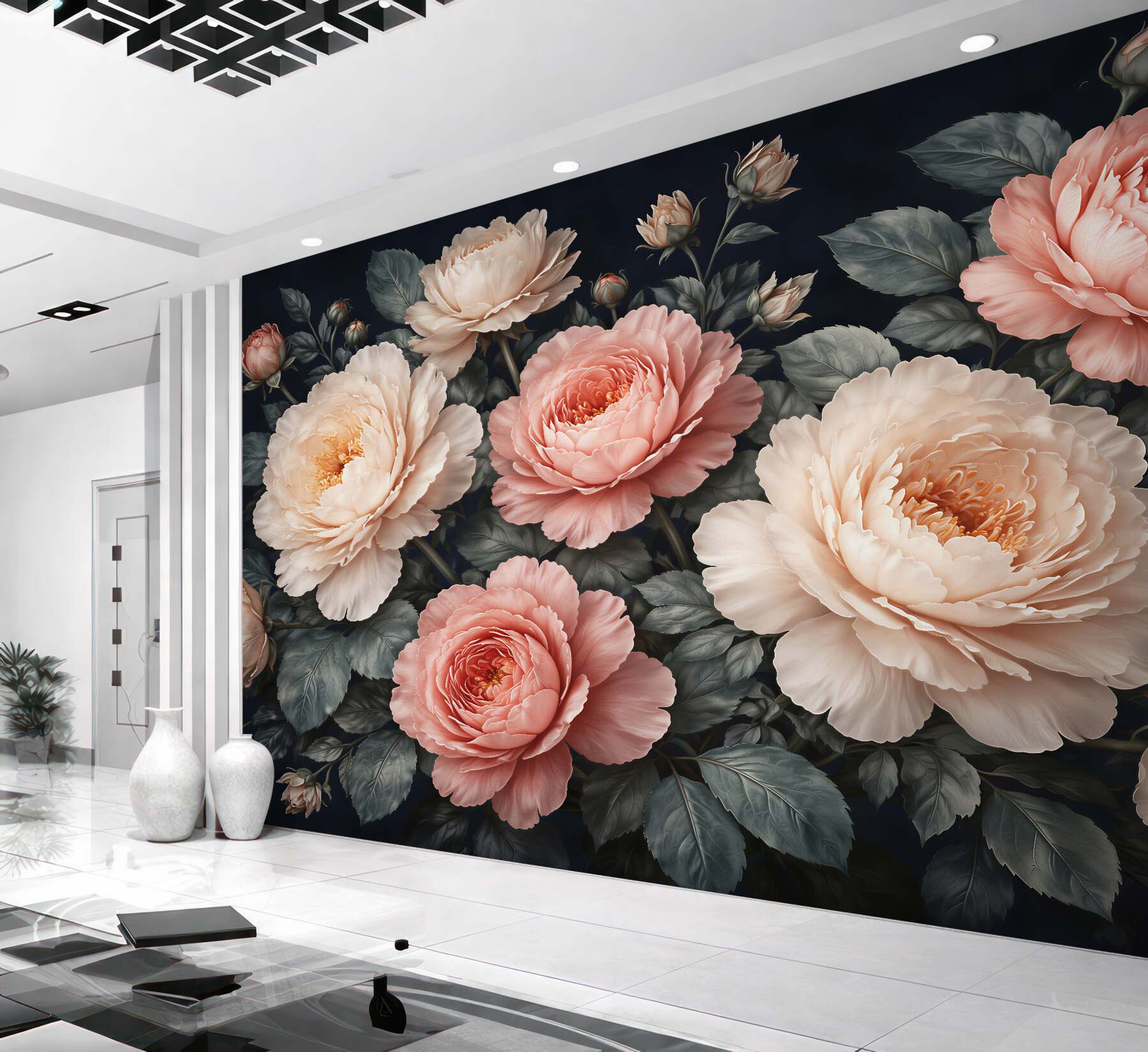 Fototapeten Elegante Pfingstrosen auf dunklem Hintergrund