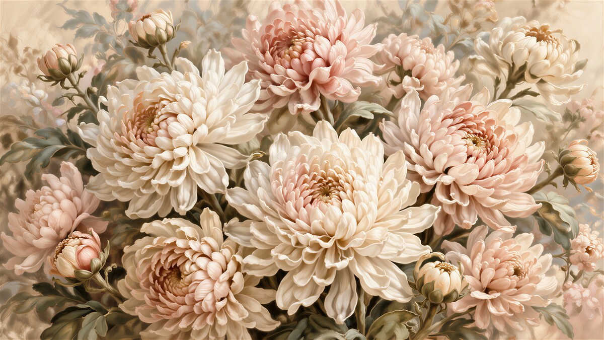 Fototapeten Puderfarbene Chrysanthemen im Glanz