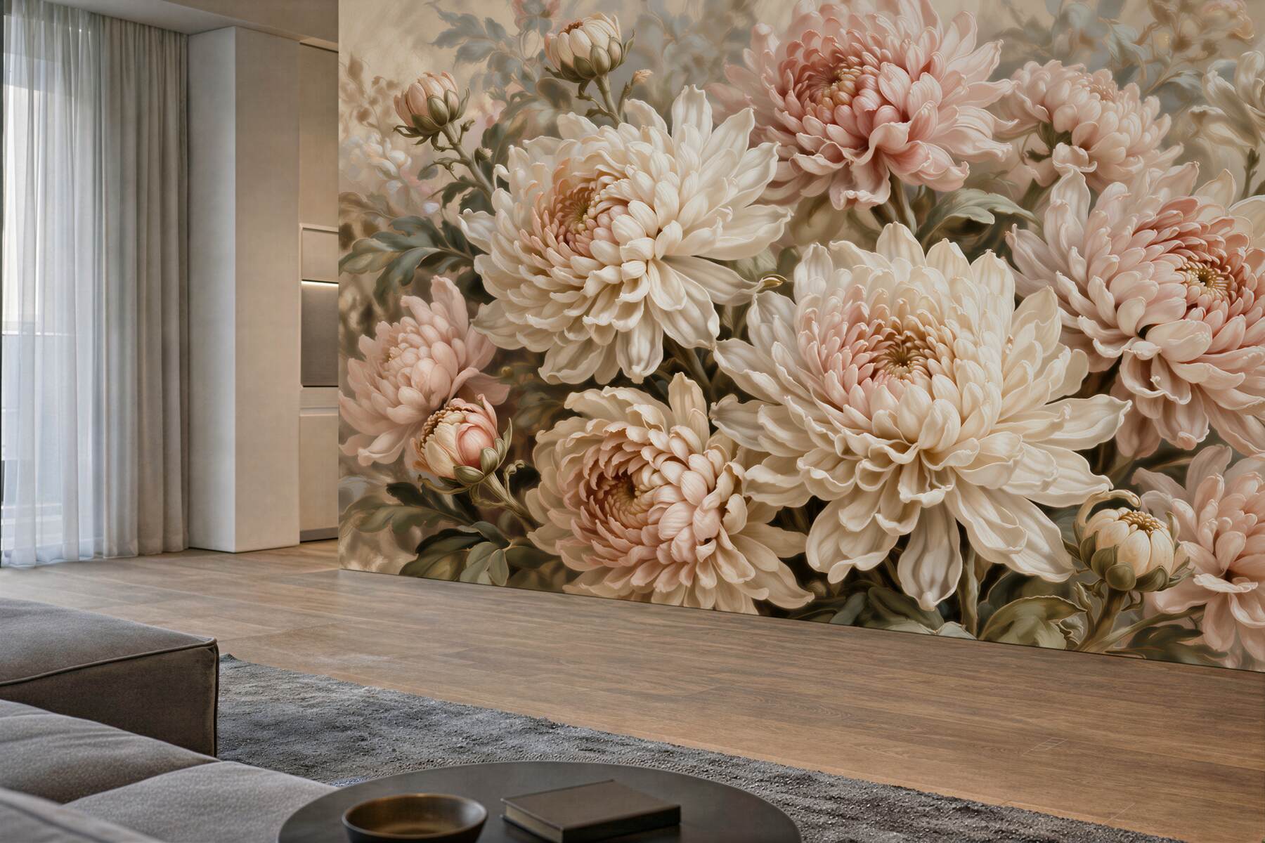 Fototapeten Puderfarbene Chrysanthemen im Glanz