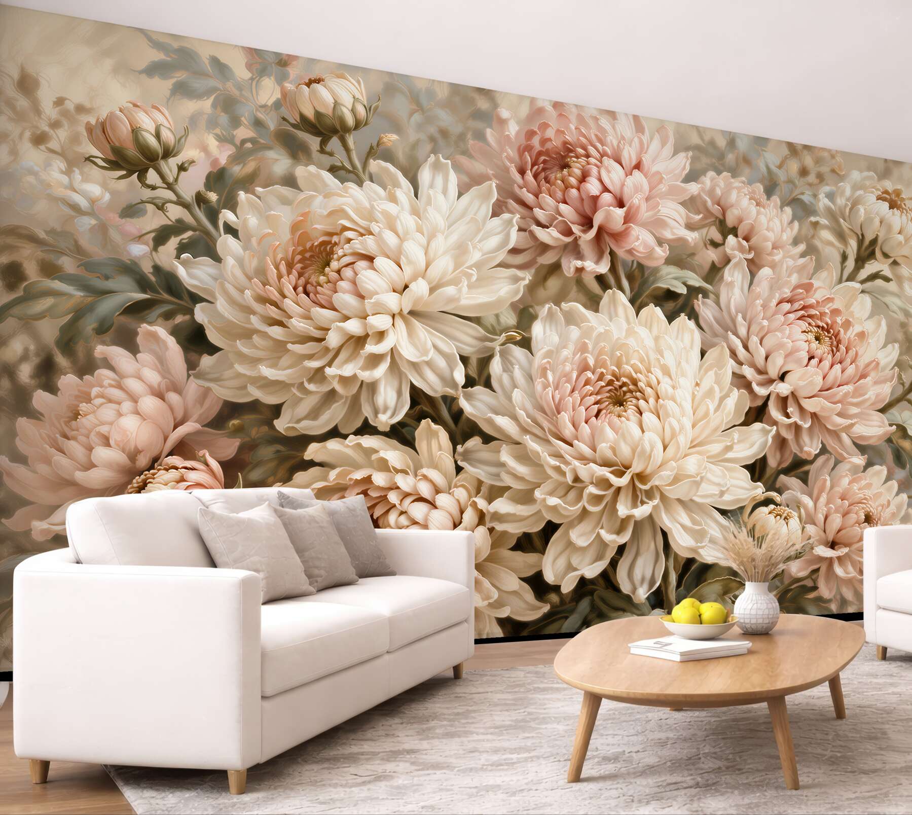 Fototapeten Puderfarbene Chrysanthemen im Glanz