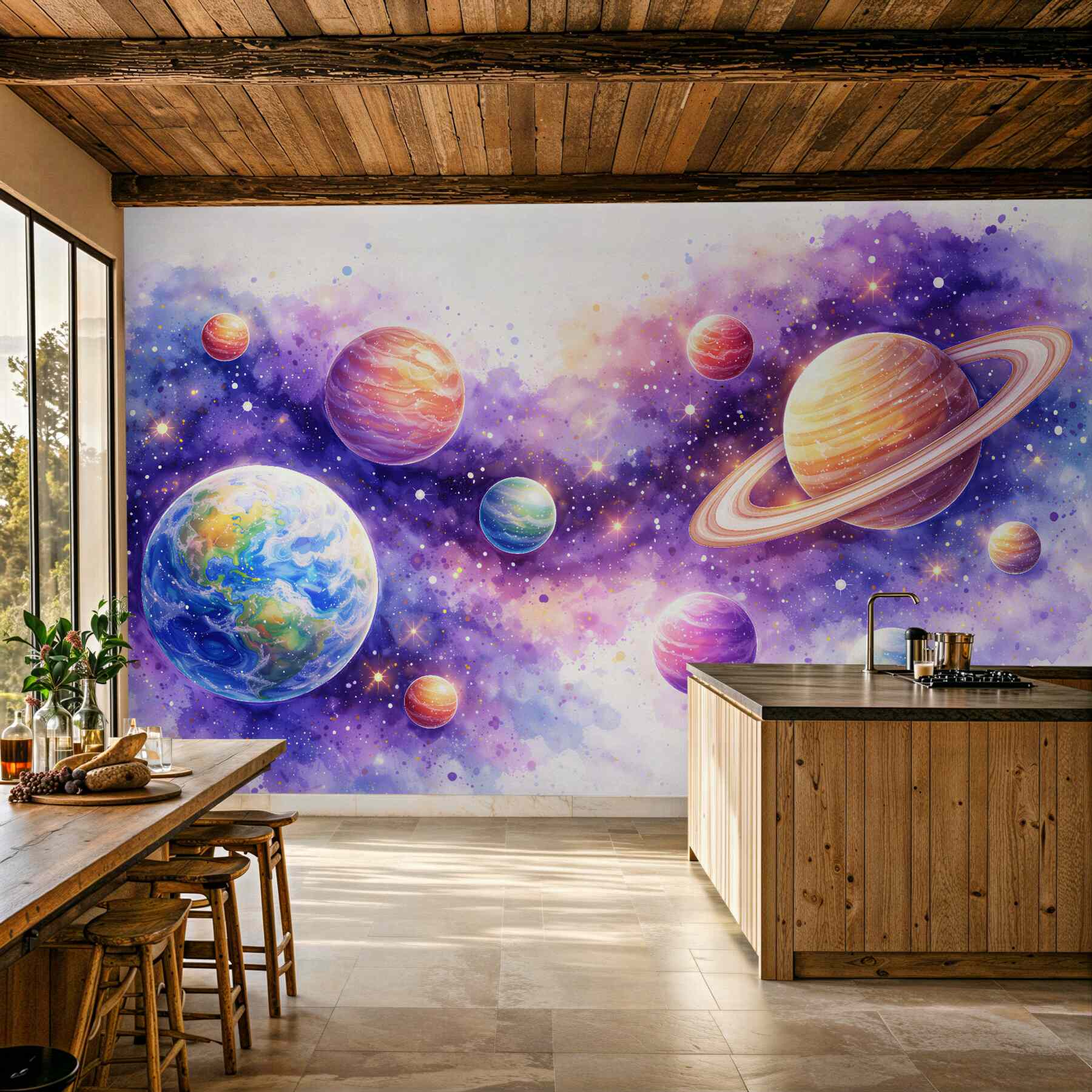 Fototapeten Aquarellplaneten im violetten Kosmos