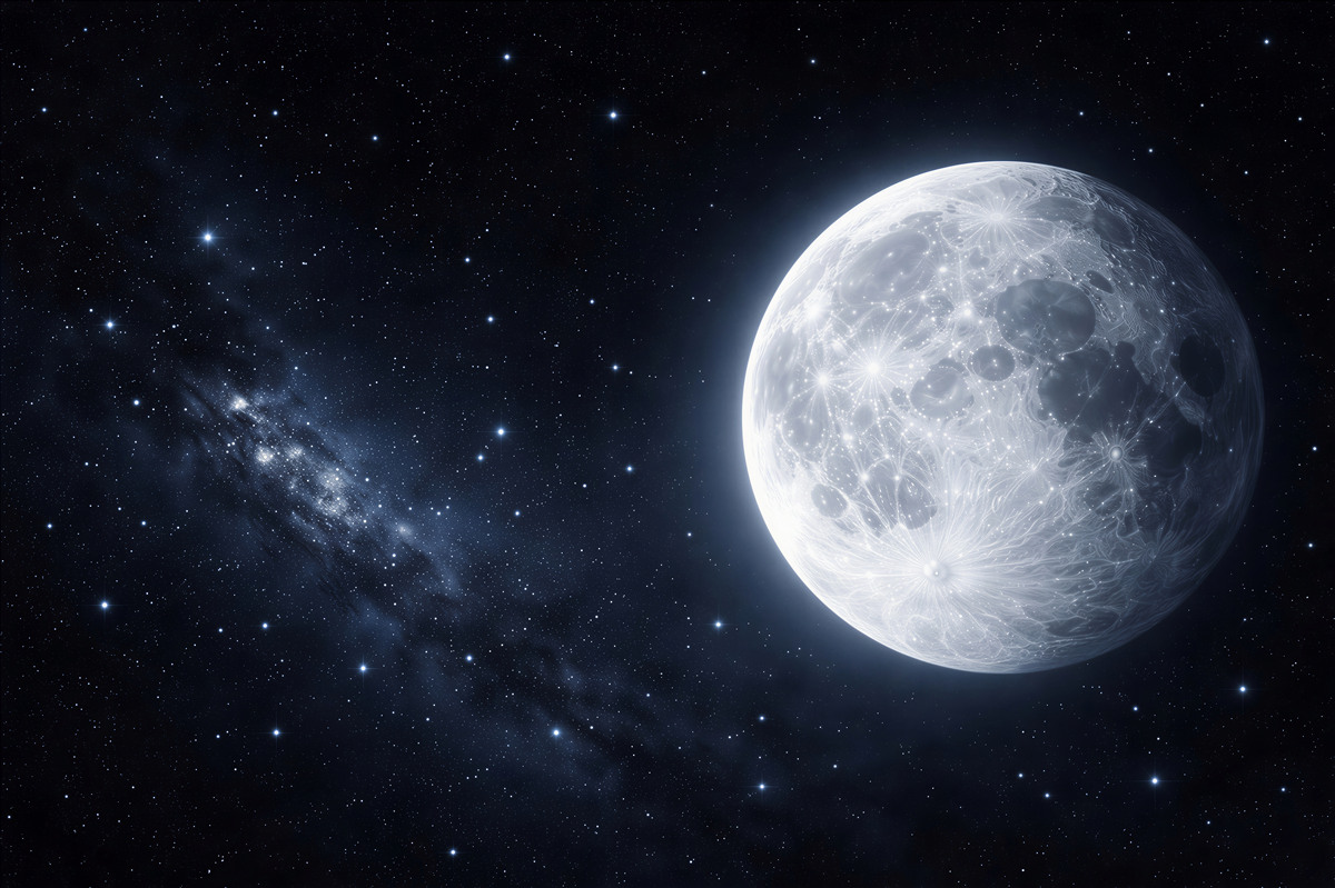 Fototapeten Glänzender Mond zwischen den Sternen