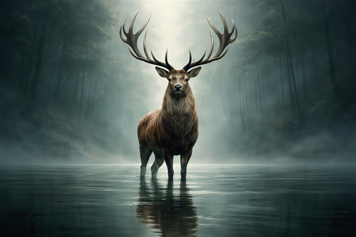 Fototapeten Hirsch im nebligen Wald